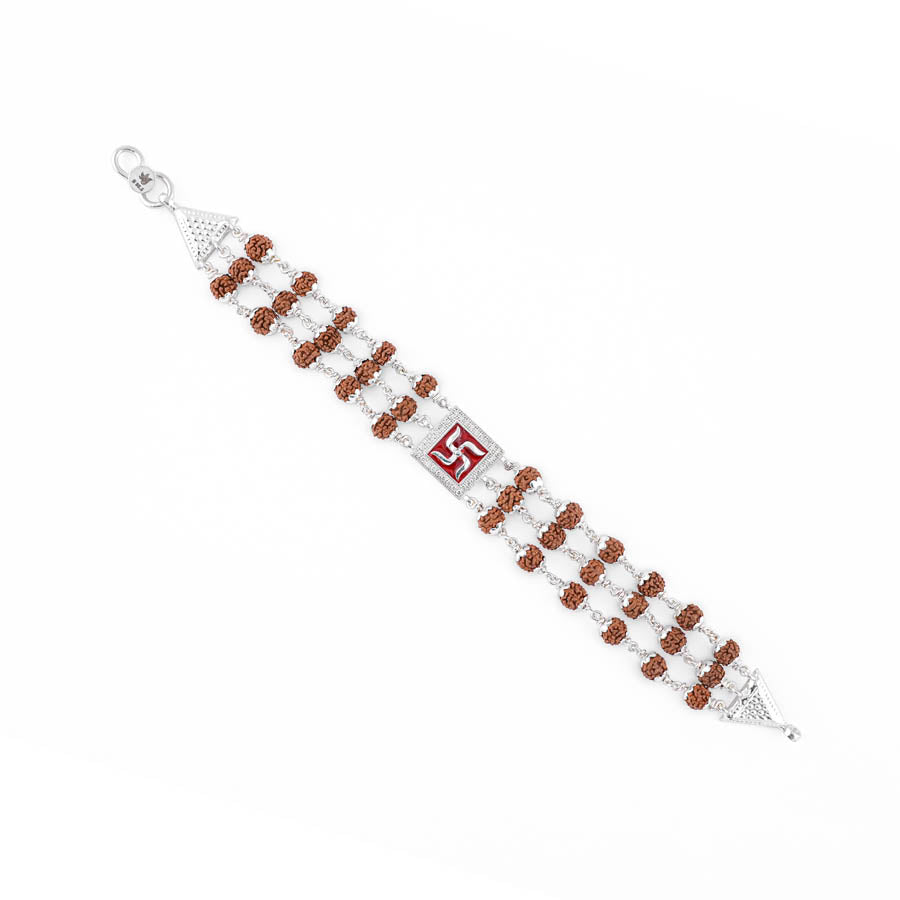 Triple Line Red Swastik Silver Rudraksha Bracelet