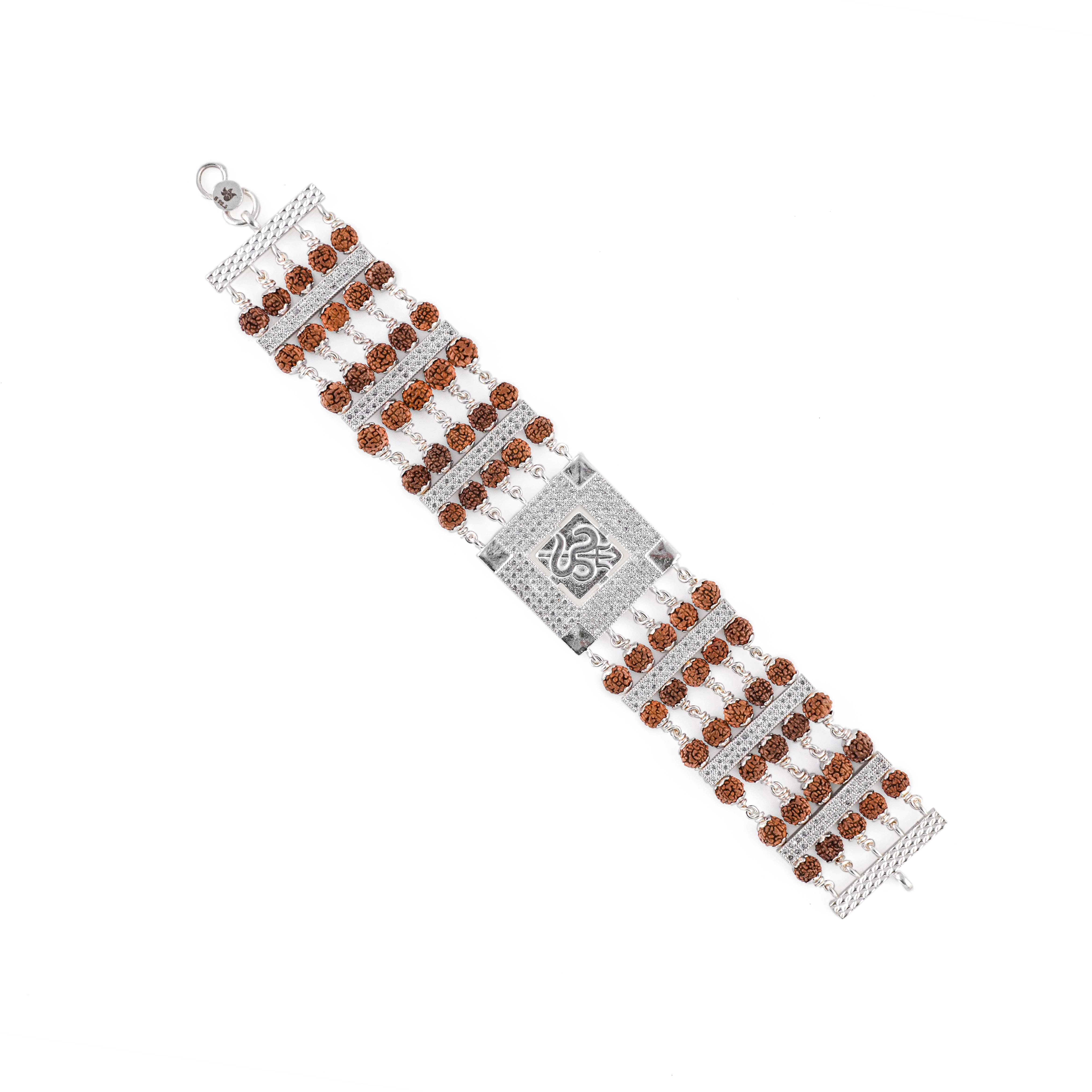 Rudraksha Silver Om and Trishul Five Lines Bracelet
