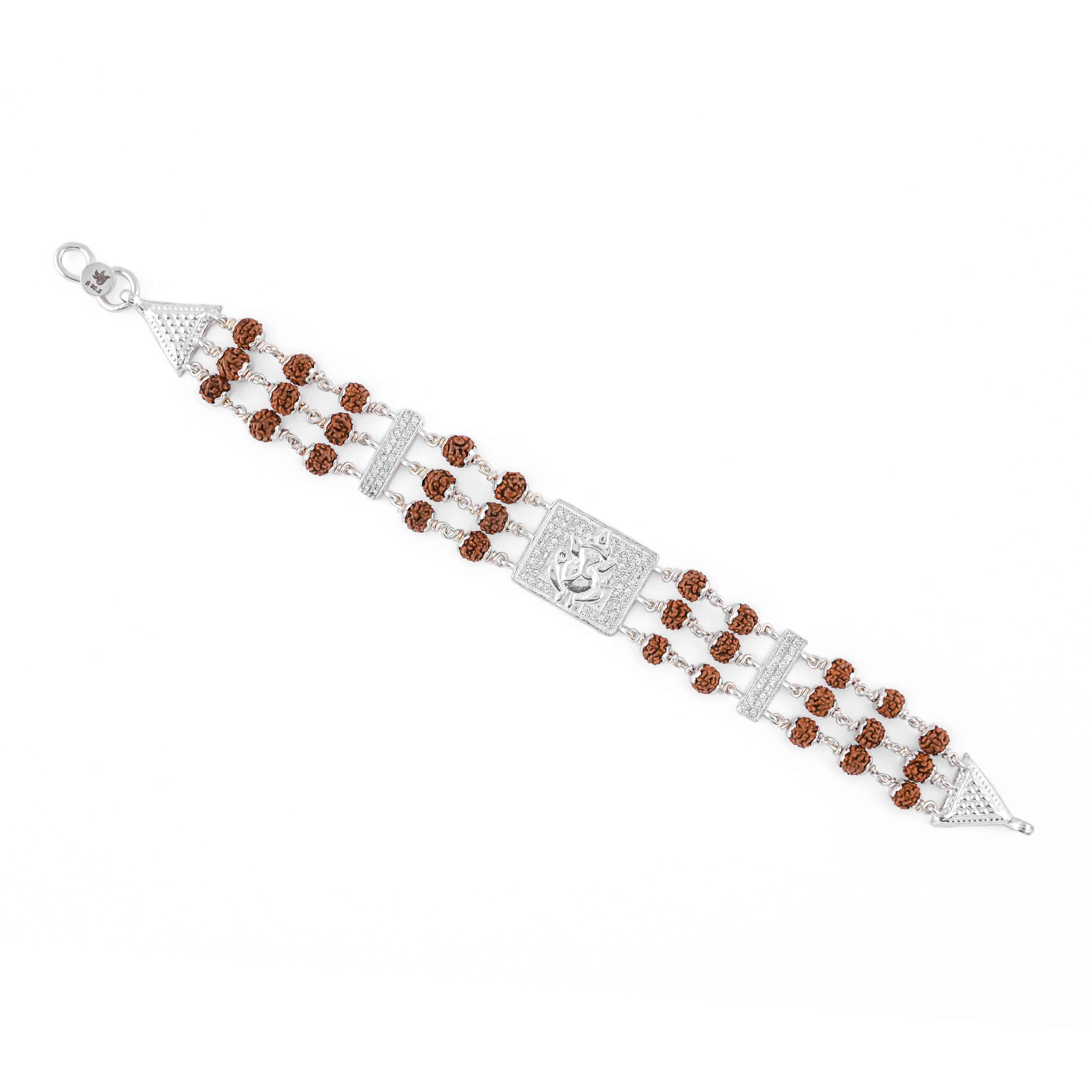 Authentic Rudraksha Silver Diamond Ganesh Triple Line Bracelet