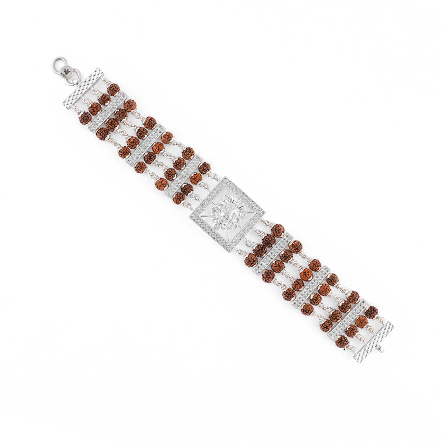 Rudraksha Silver Roaring Lion Four Line Bracelet