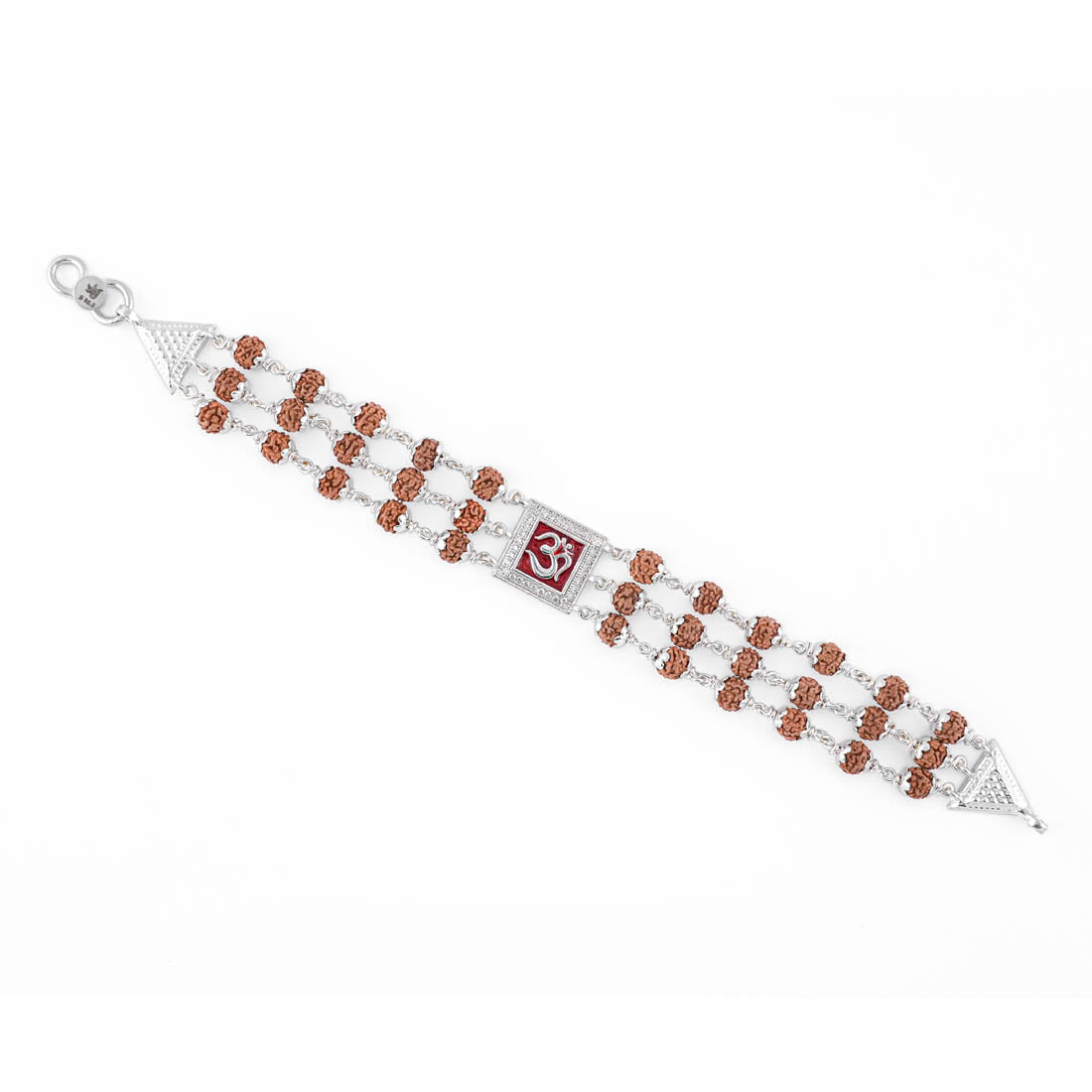Real Rudraksha Silver Om in Red Triple Line Bracelet