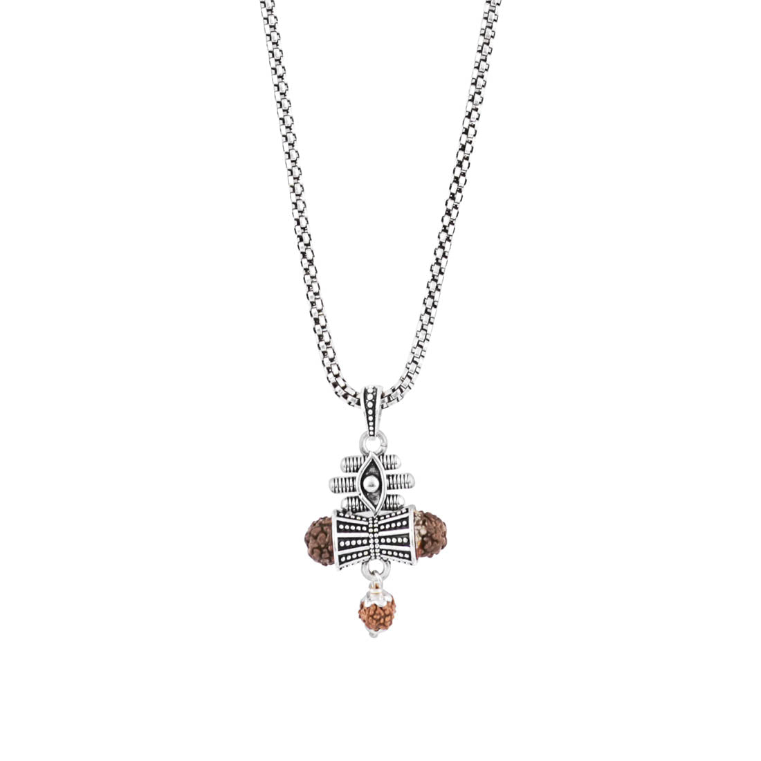 Rudraksha Damru & Lord Shiva Third Eye Pendant with Silver Chain
