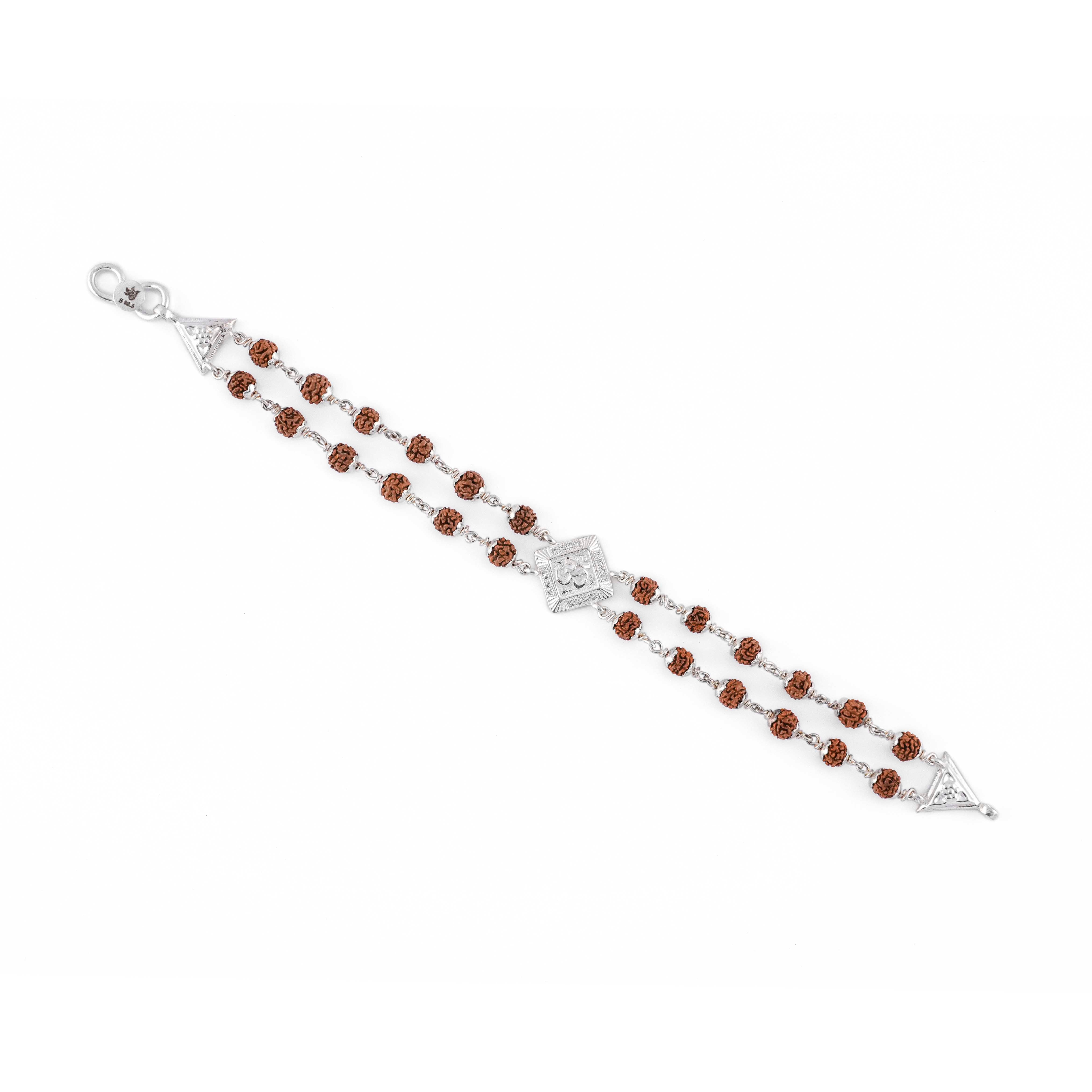 Rudraksha Silver Om Rhombus Double Line Bracelet