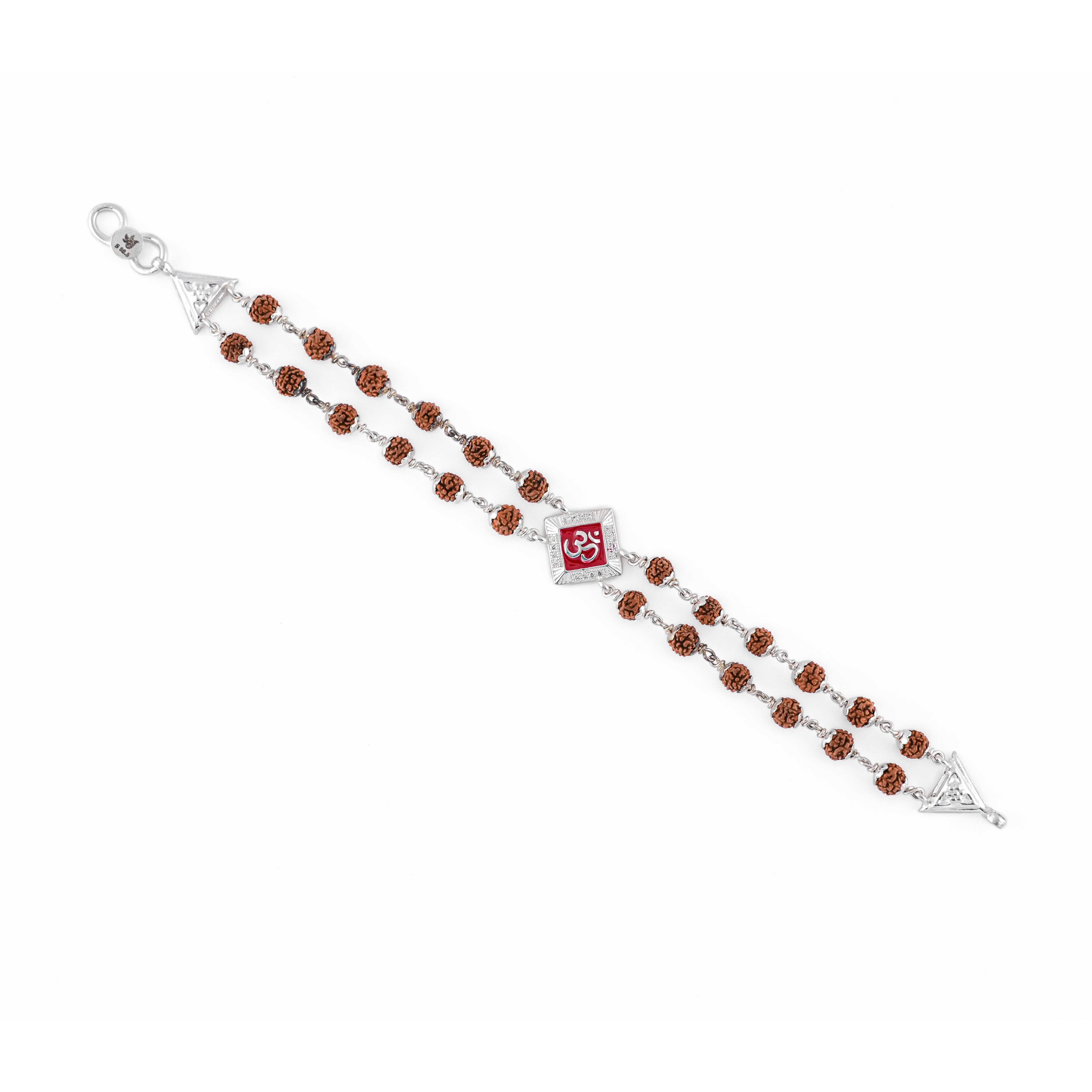 Real Rudraksha Silver Om Red-Col Double Line Bracelet