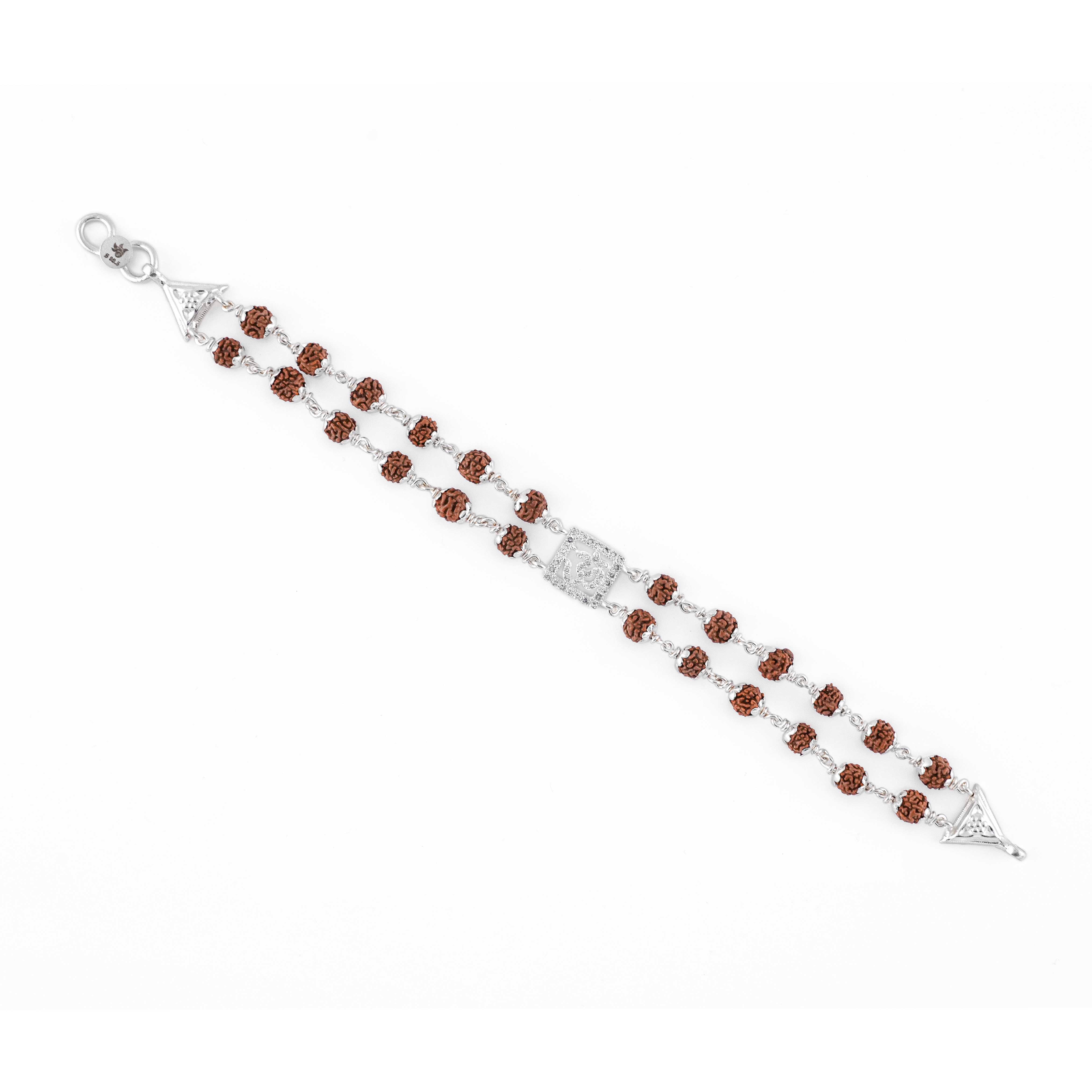 Rwal Rudraksha Silver Square Diamond Om double Line Bracelet