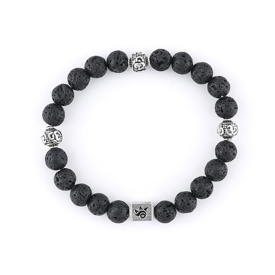 Lava Stone and Om Silver Beads Bracelet