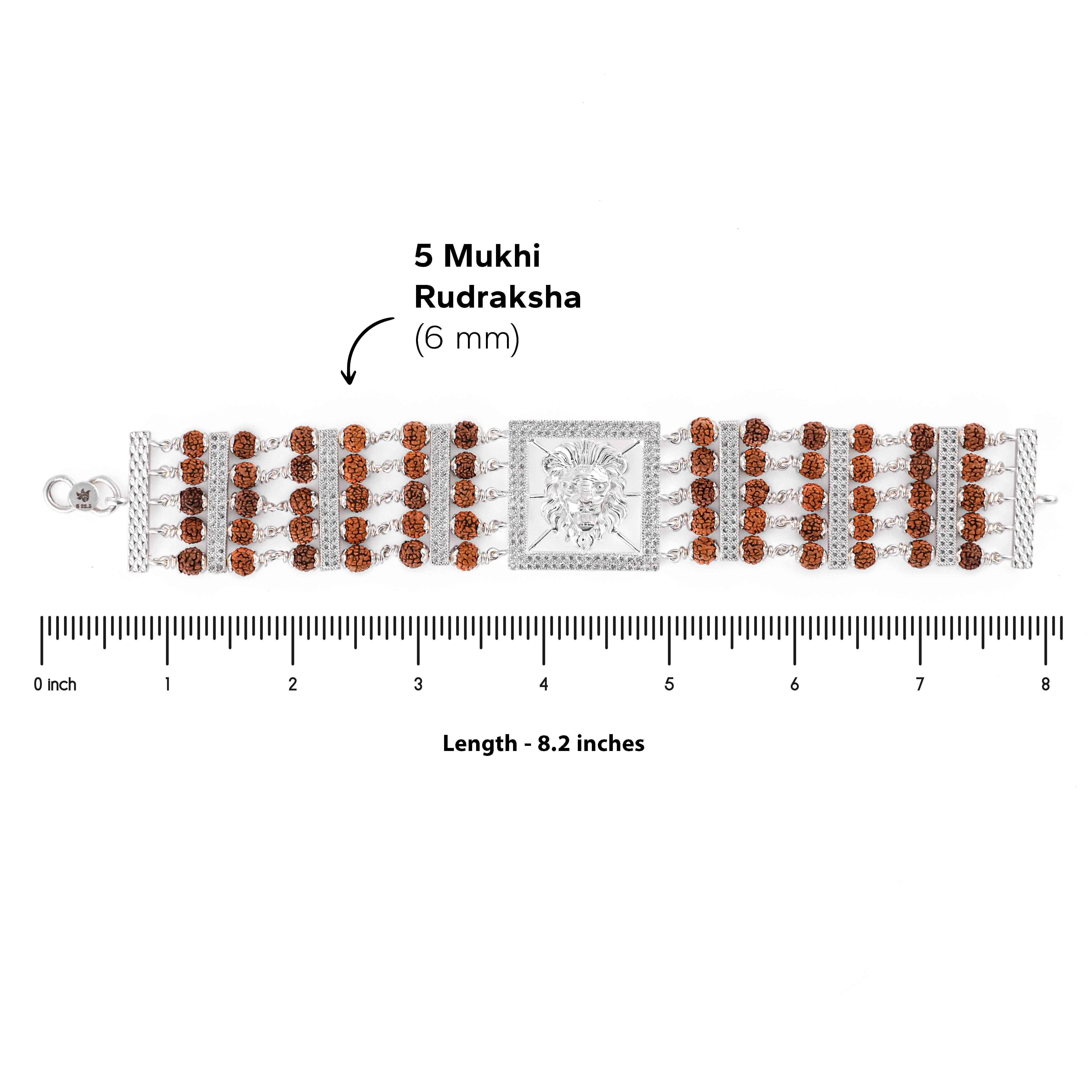 Rudraksha Silver Roaring Lion Five Lines Bracelet