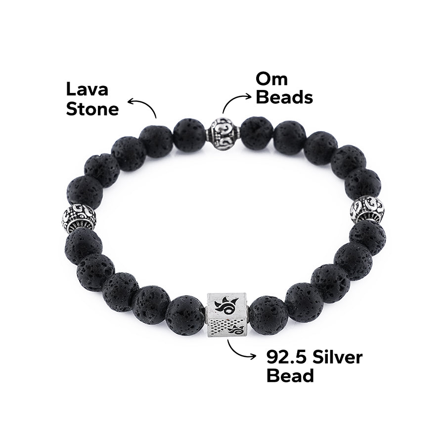 Lava Stone and Om Silver Beads Bracelet