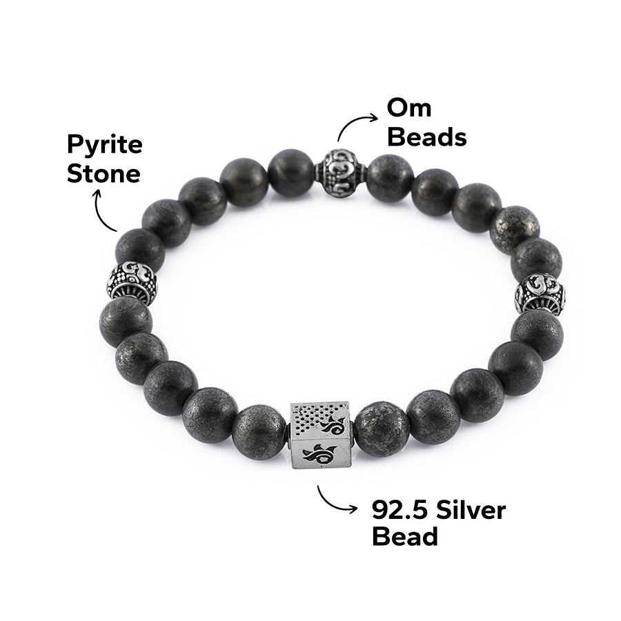 Pyrite Stone with Om 92.5 Silver Beads Bracelet