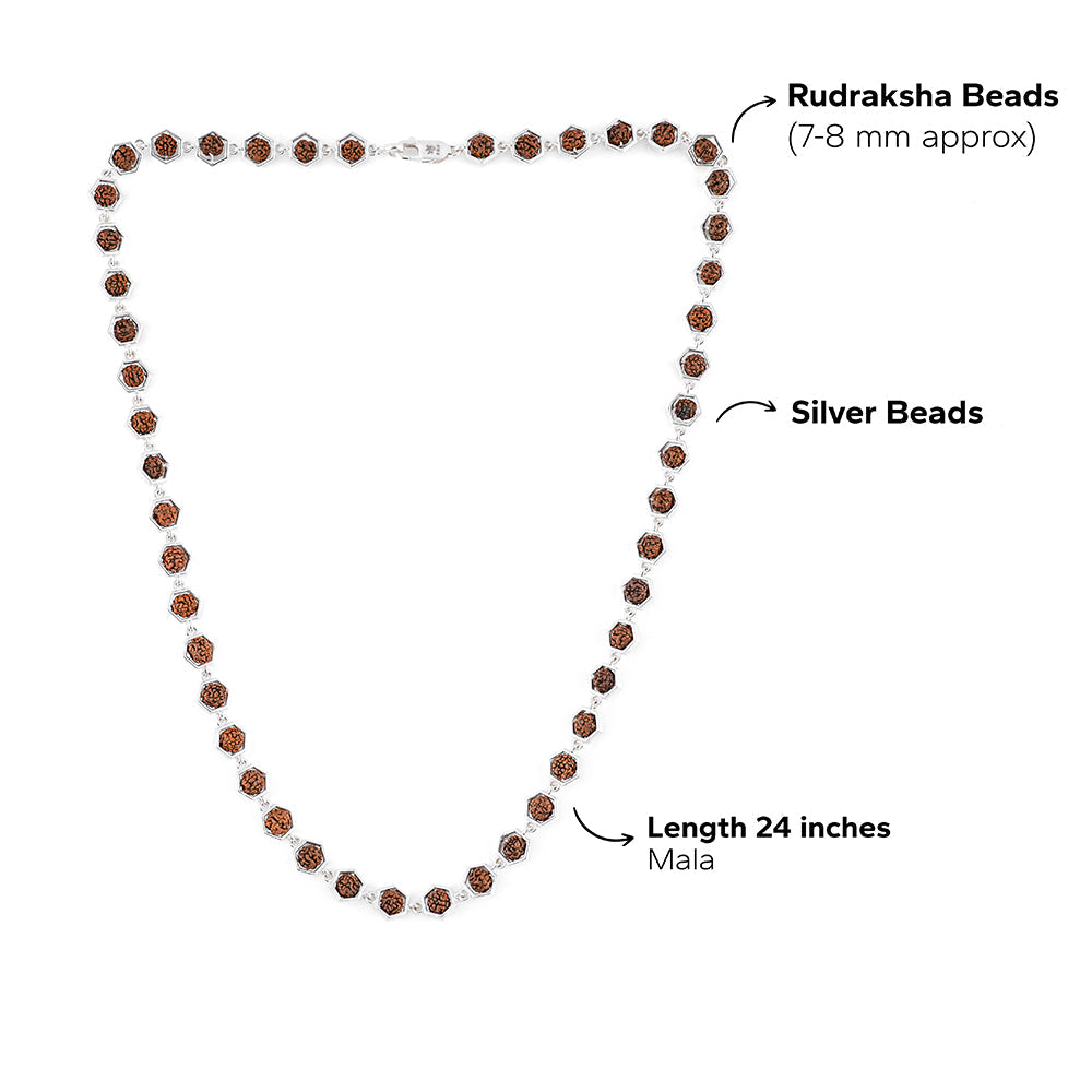 Hexagon Ring Rudraksha Silver Mala