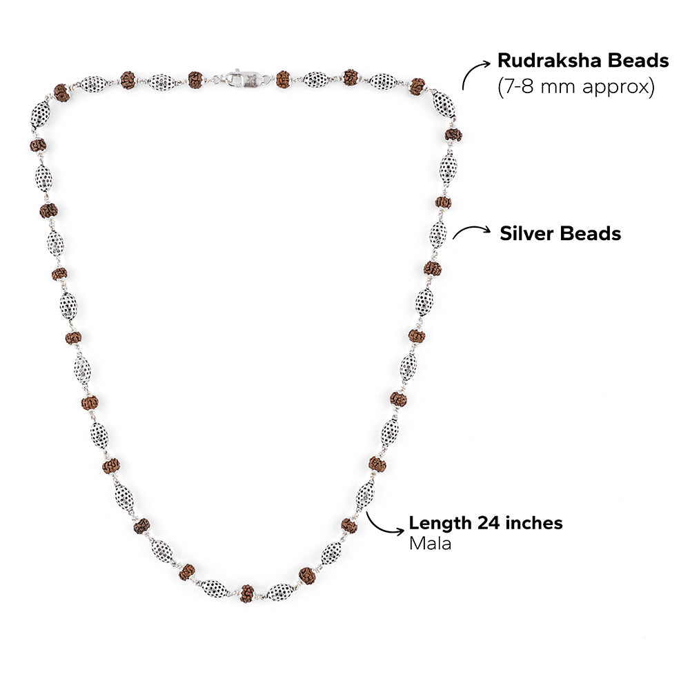 Authentic Rudraksha Silver Mala (Perforated Oval Beads)