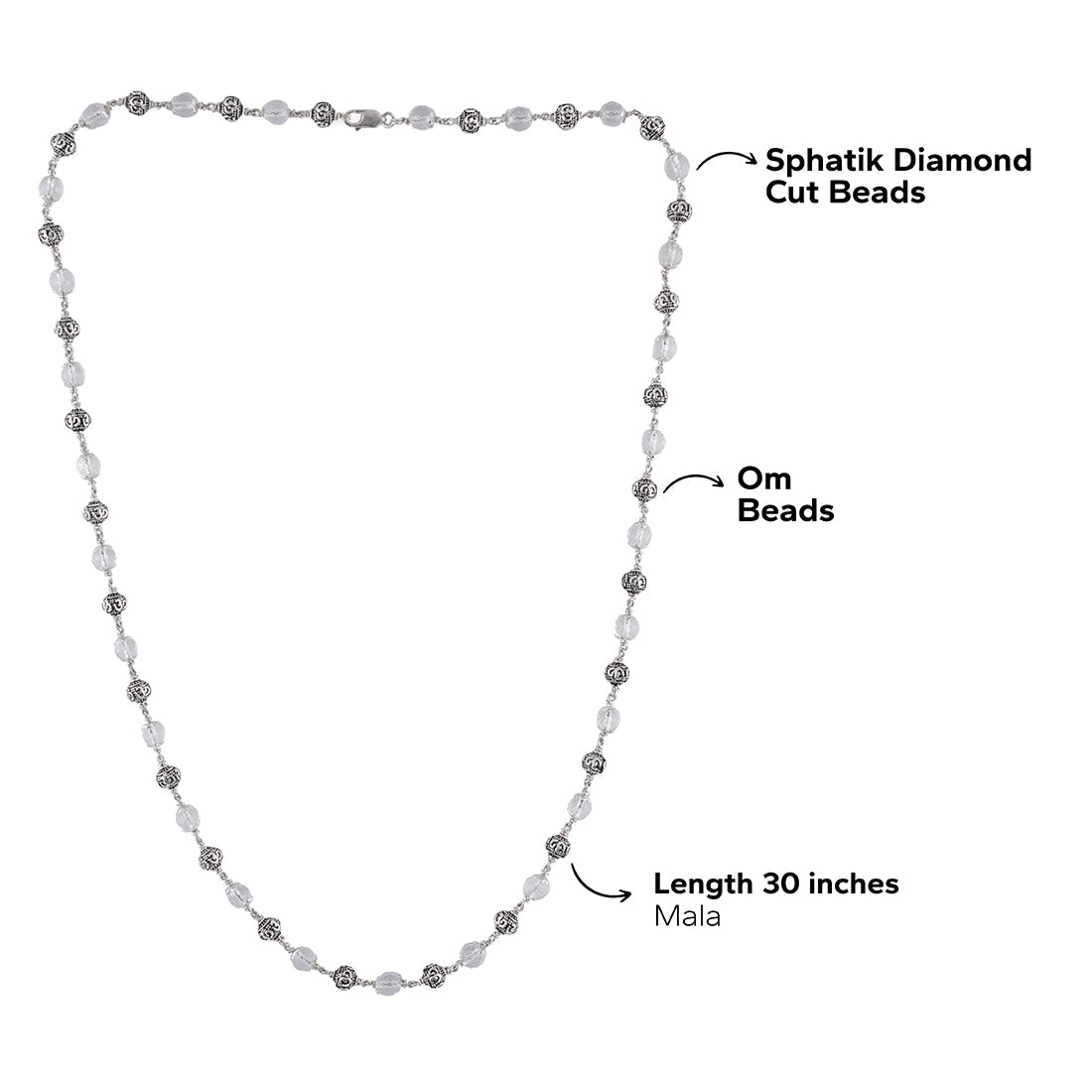 Sphatik Diamond Cut Mala with Om Silver Beads