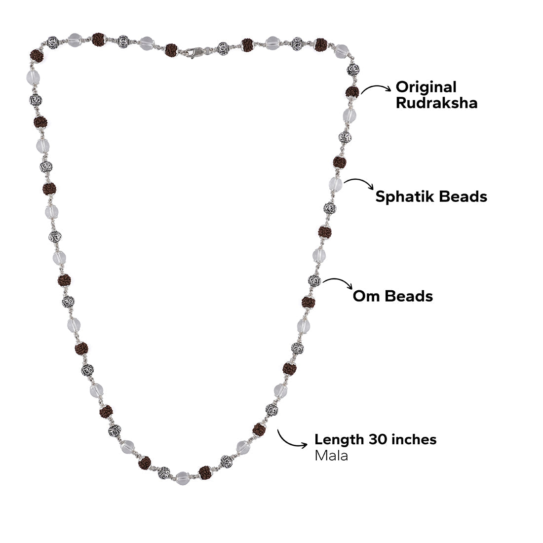 Original Rudraksha with Sphatik and Om Silver Beads Mala