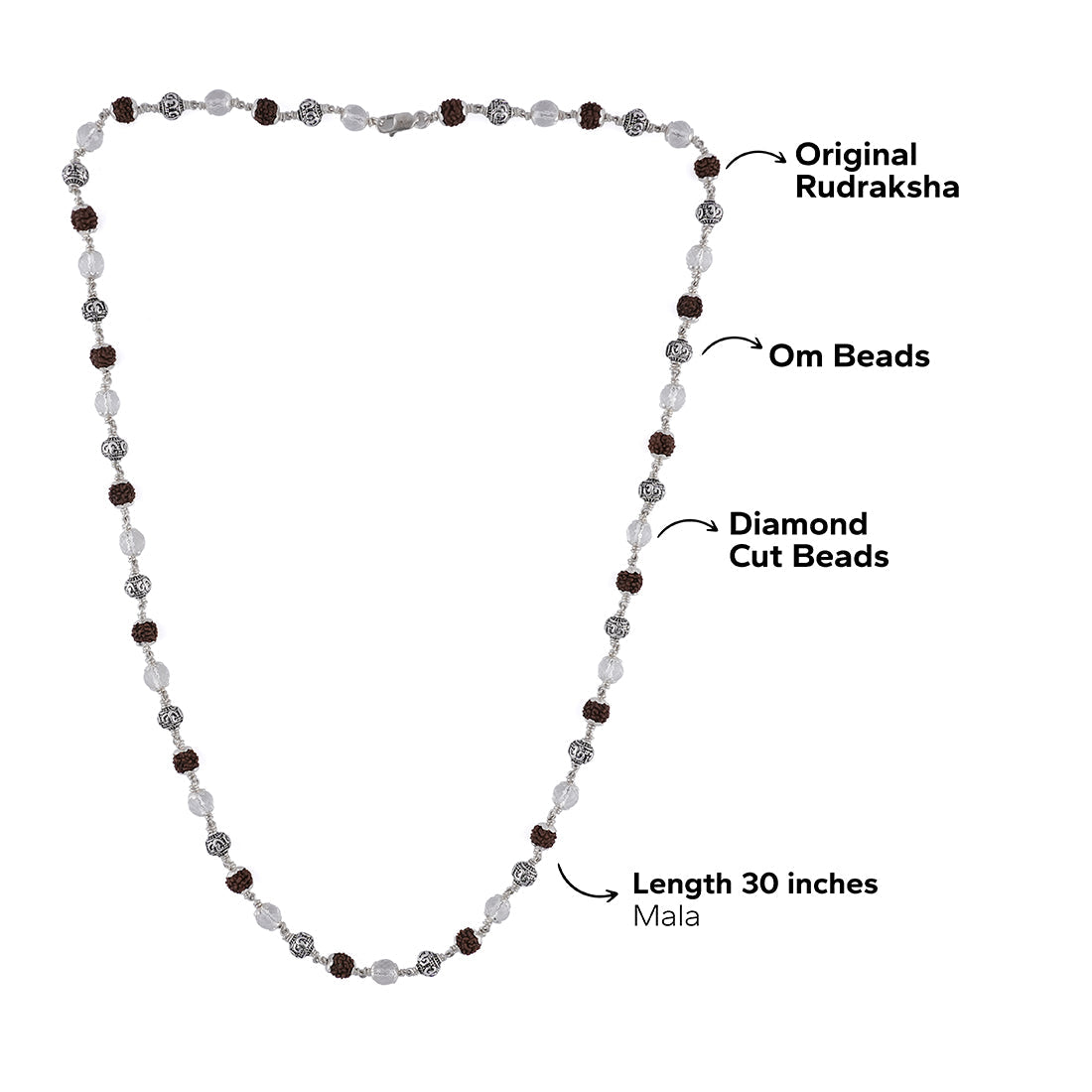 Original Rudraksha with Sphatik Diamond Cut and Om Silver Beads Mala
