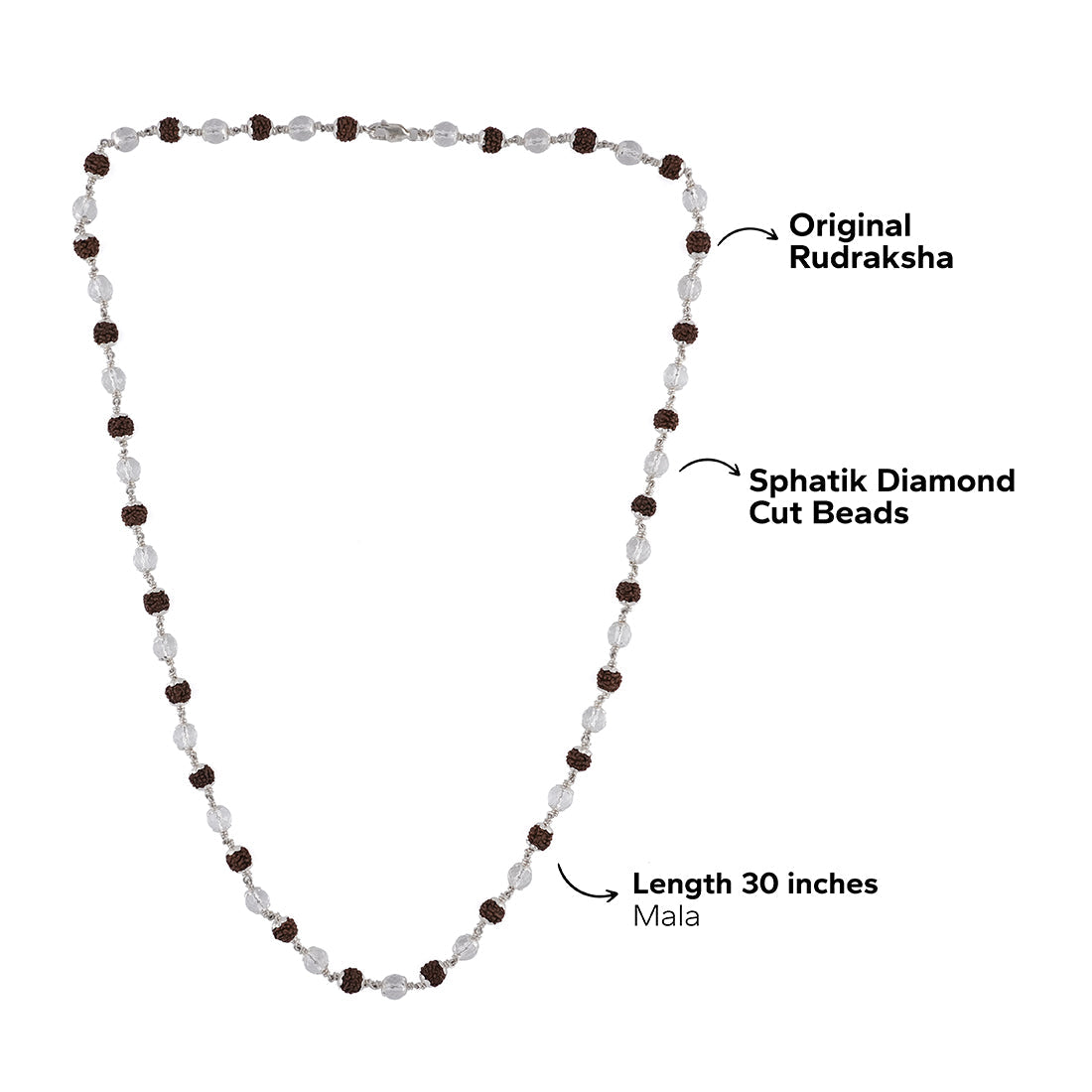 Original Rudraksha with Sphatik Diamond Cut Beads Silver Mala
