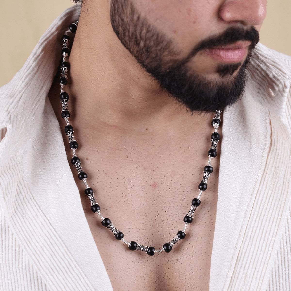 Original Karungali mala featuring Damru silver beads for spiritual wear