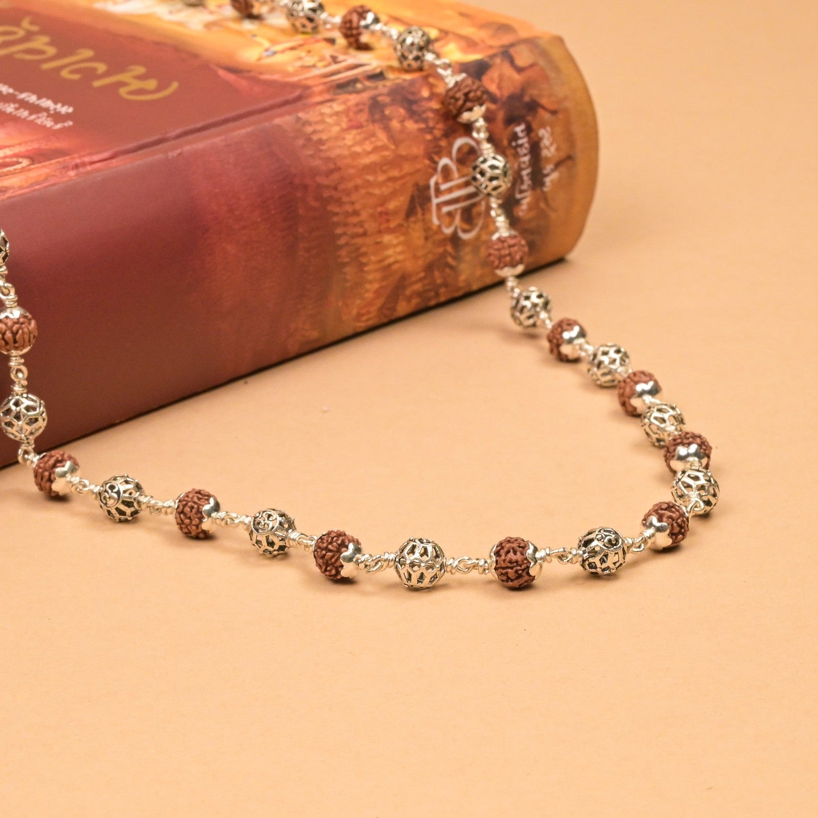 Rudraksha With Round Om Silver Beads Mala