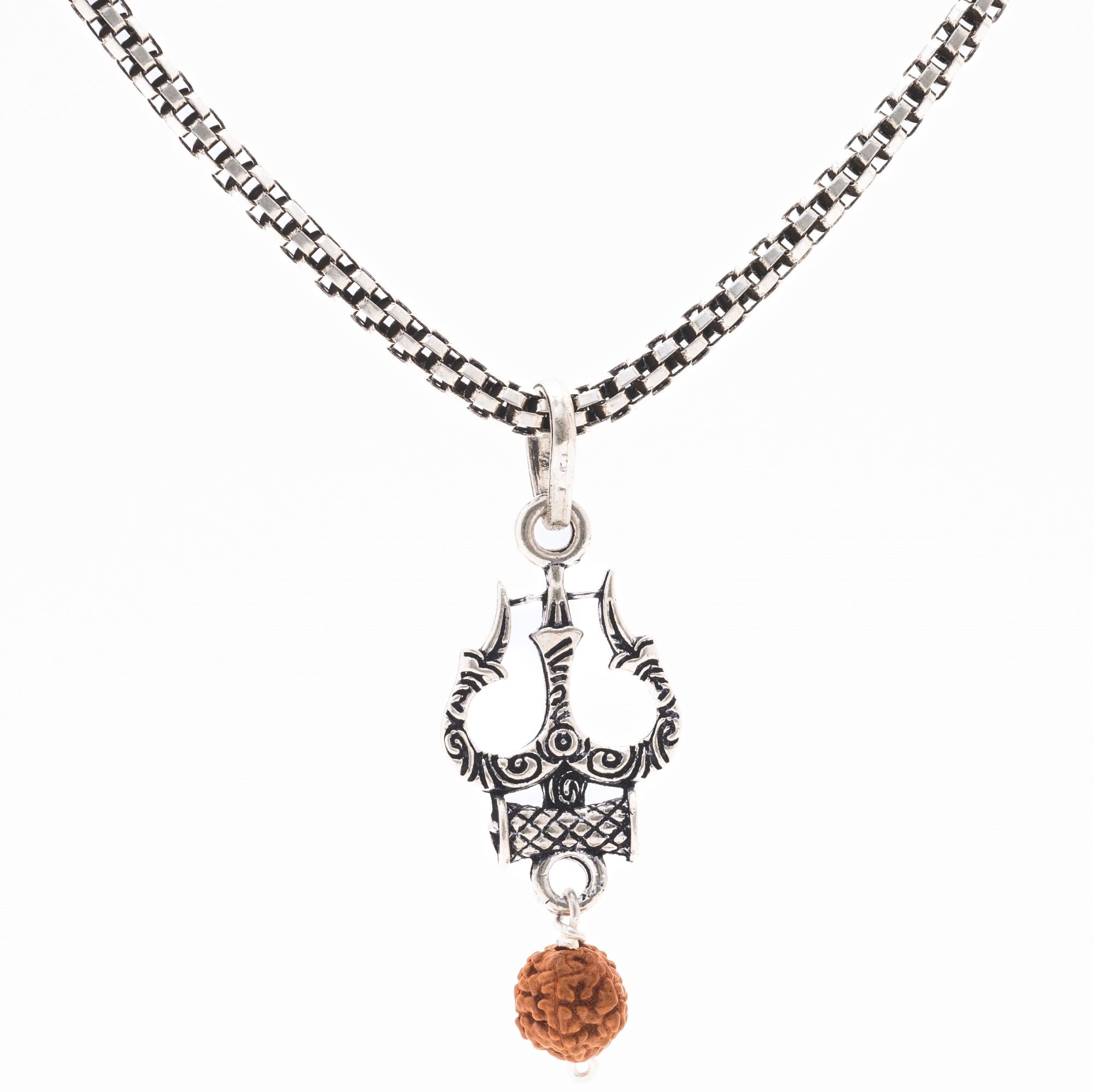 Rudraksha Silver with Trishul and Damru Chain with Pendant for Men