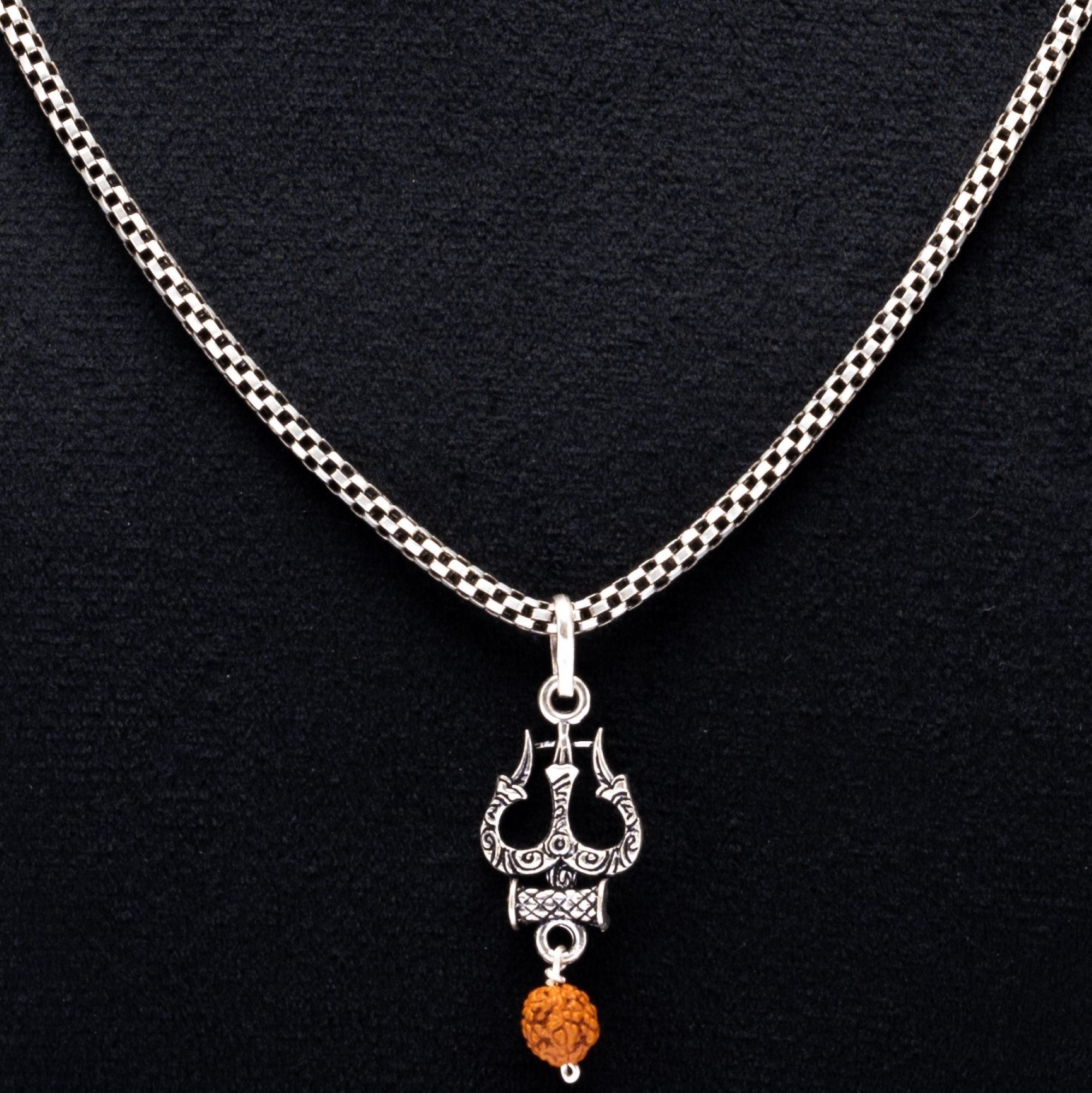 Rudraksha Silver with Trishul and Damru Chain with Pendant for Men