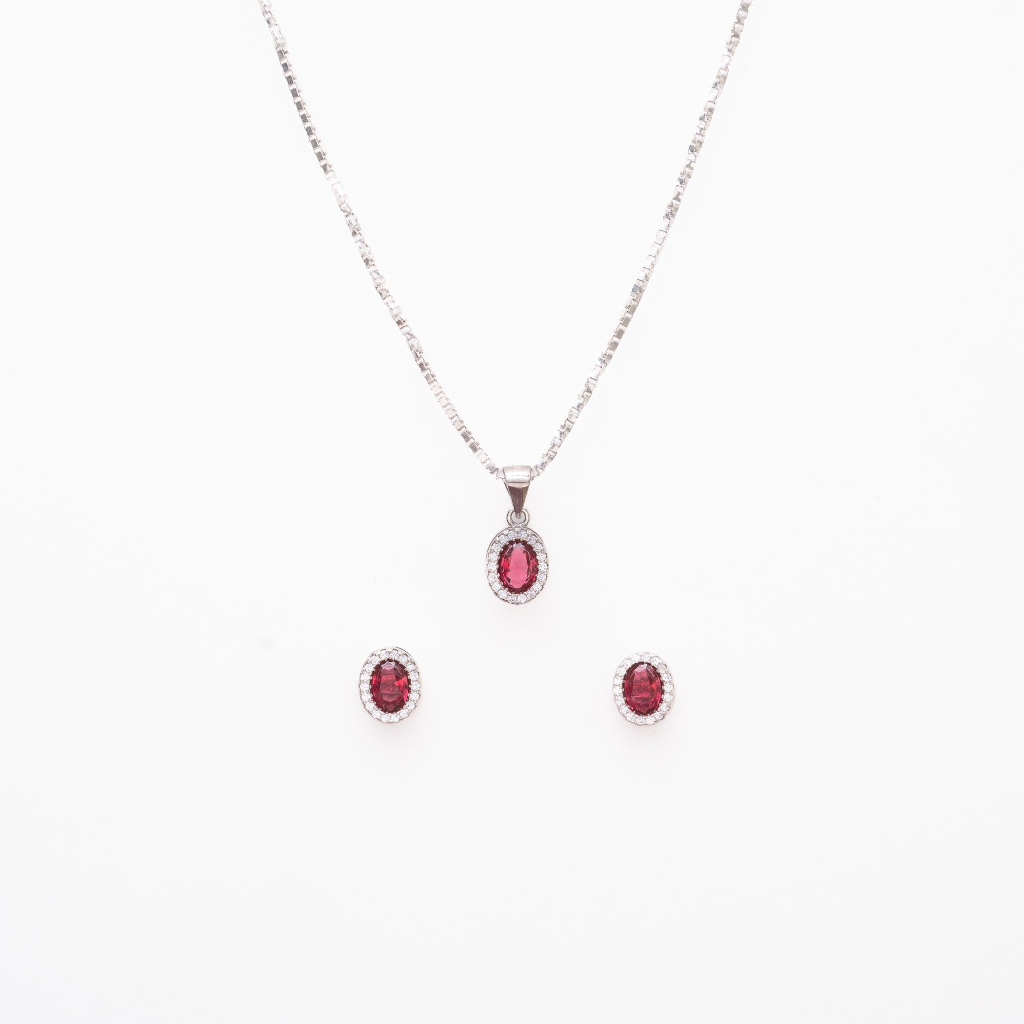 Silver Set Chain Pendant and Earrings with Red Stones for Women