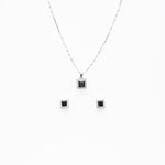 Silver set Chain square pendant and earrings with black stones for women