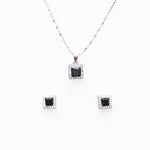 Silver set Chain square pendant and earrings with black stones for women