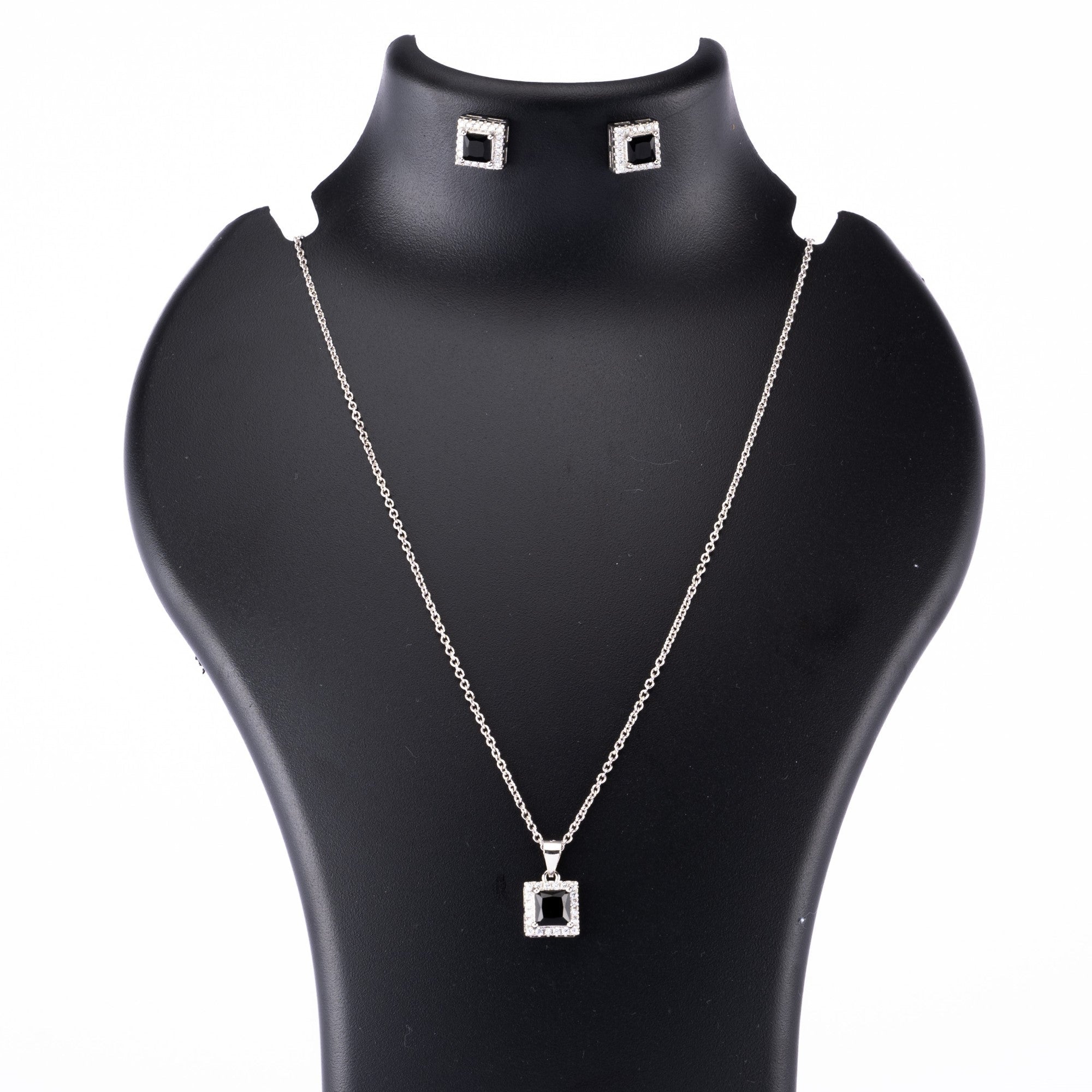 Silver set Chain square pendant and earrings with black stones for women
