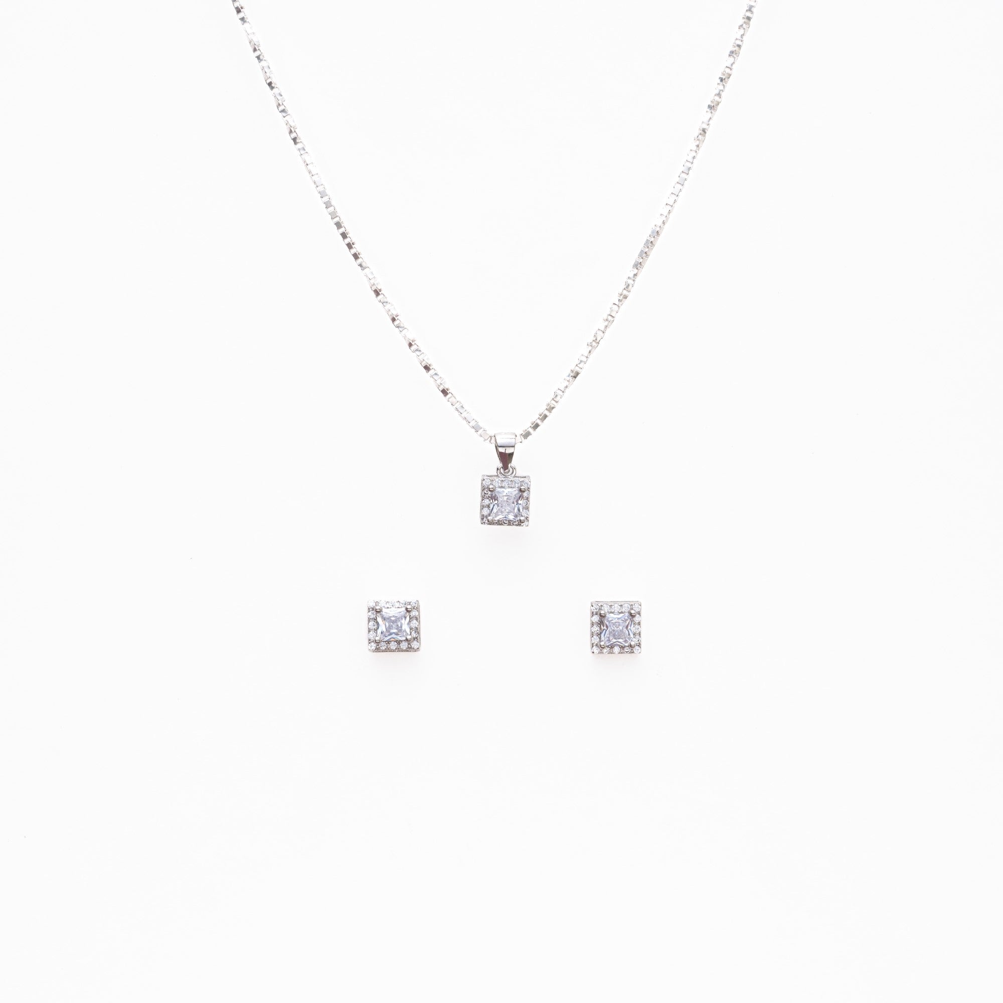 Silver Set Chain Square Pendant and Earrings with Sparkling Stones for Women