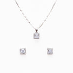 Silver Set Chain Square Pendant and Earrings with Sparkling Stones for Women