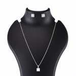 Silver Set Chain Square Pendant and Earrings with Sparkling Stones for Women
