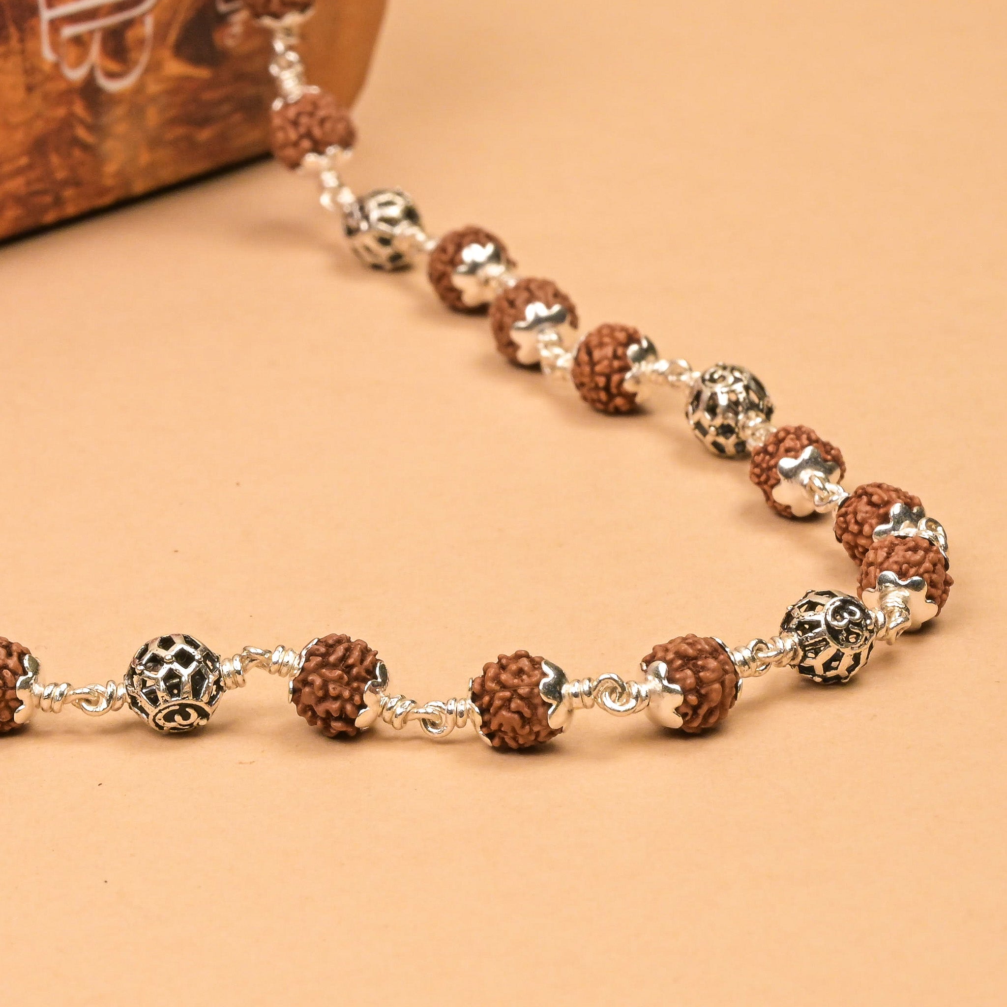Rudraksha With Round Om Silver Beads Mala