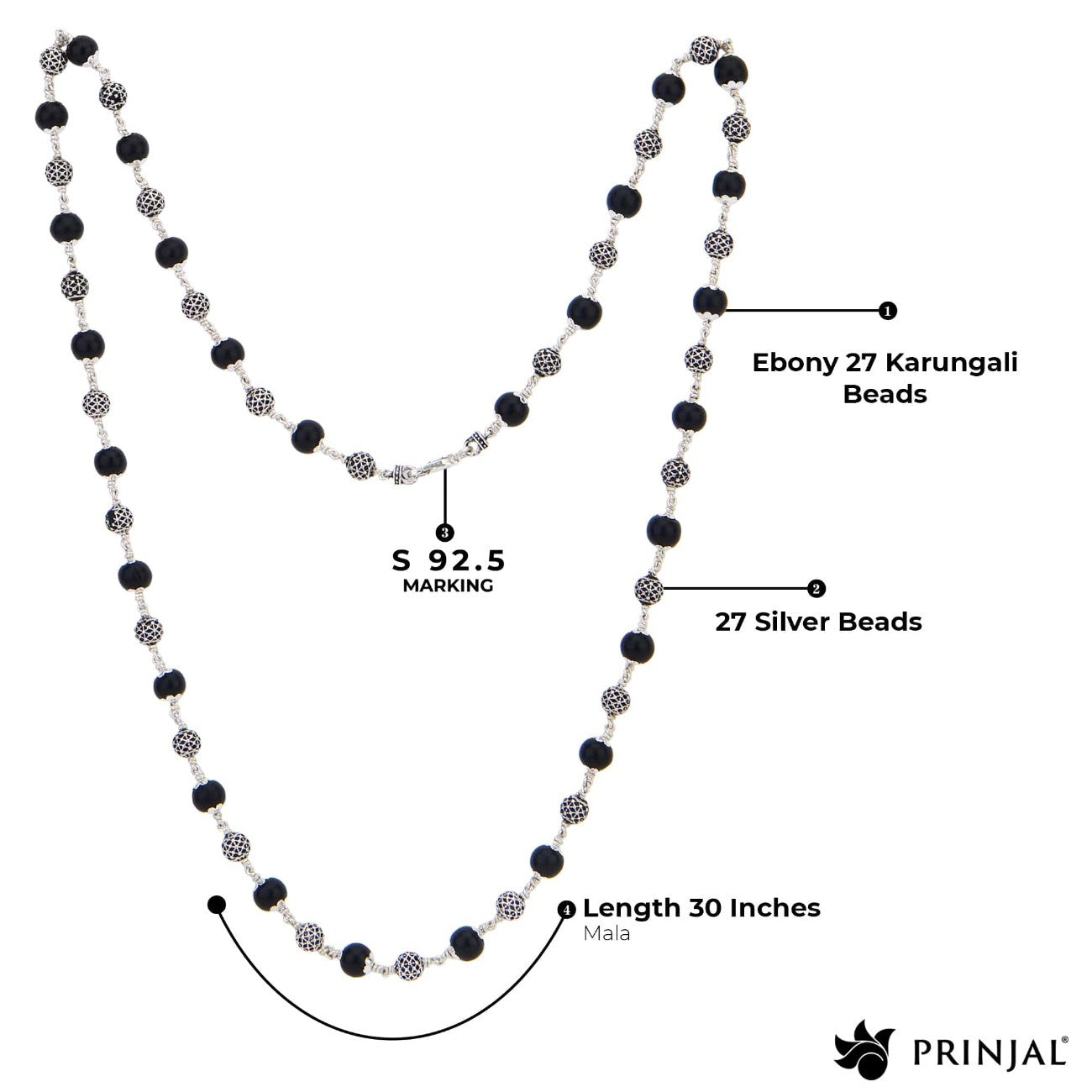 Karungali Silver Mala (Ornate Sphere Beads)