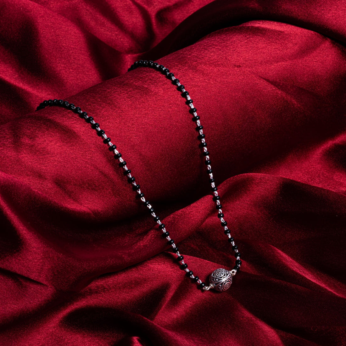 Original Black Beads Mangal Sutra with Silver Circular Pendant for Women