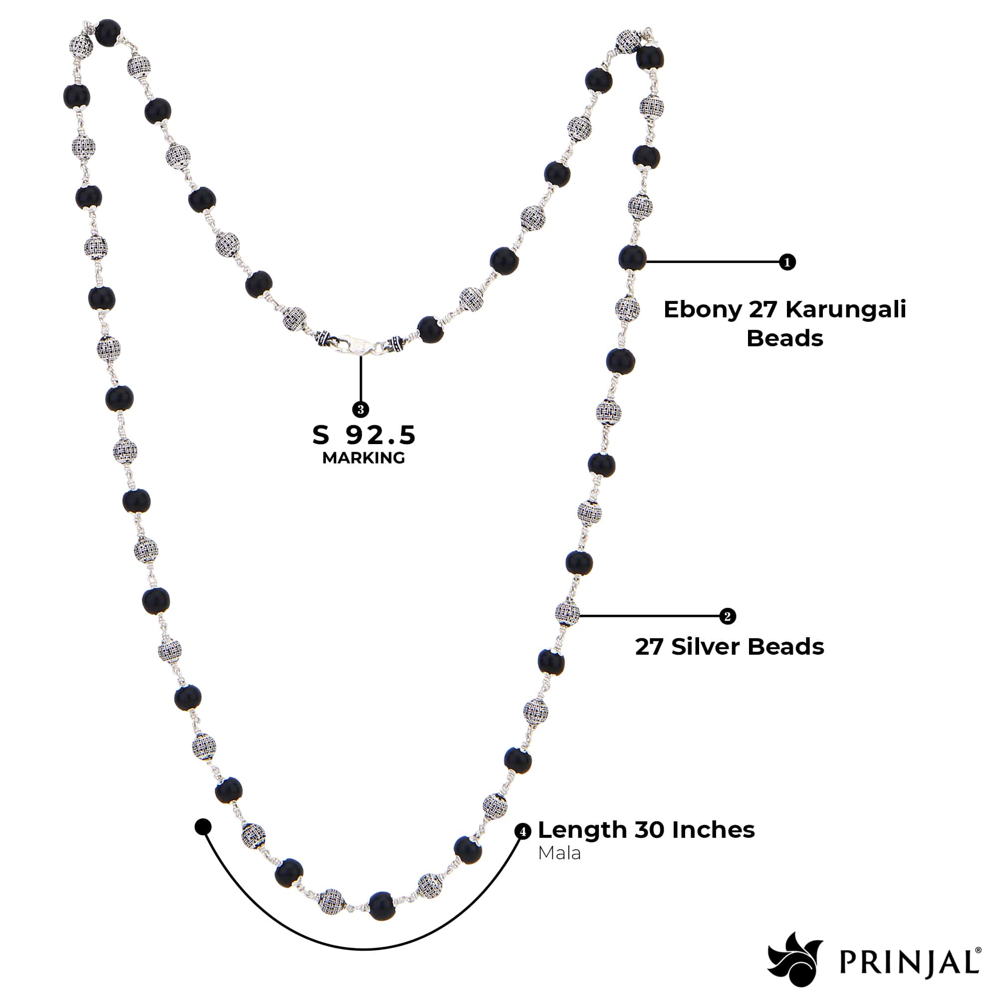 Karungali 92.5 Silver Mala (Spherical Beads)