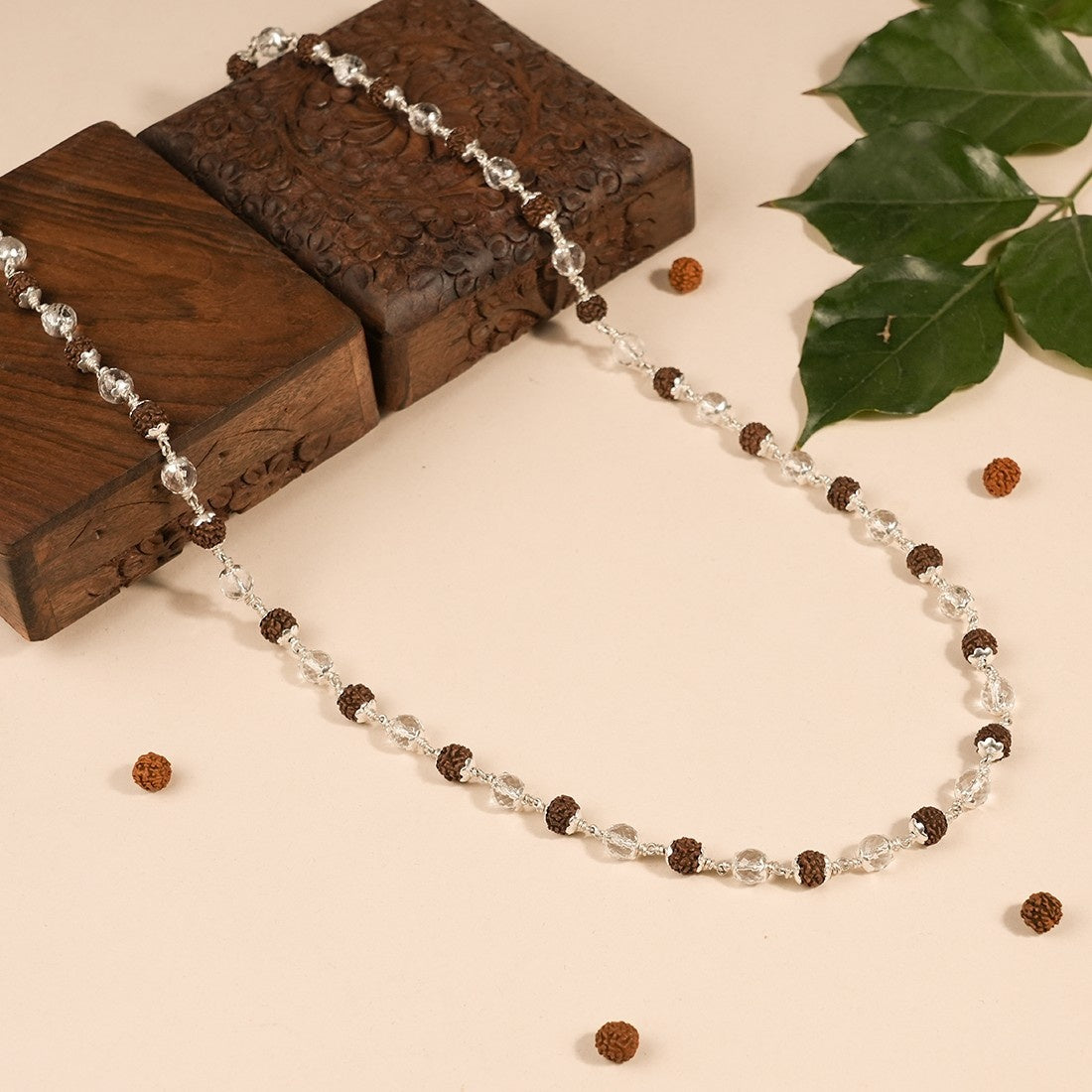 Rudraksha with Sphatik Diamond Cut Beads Silver Mala