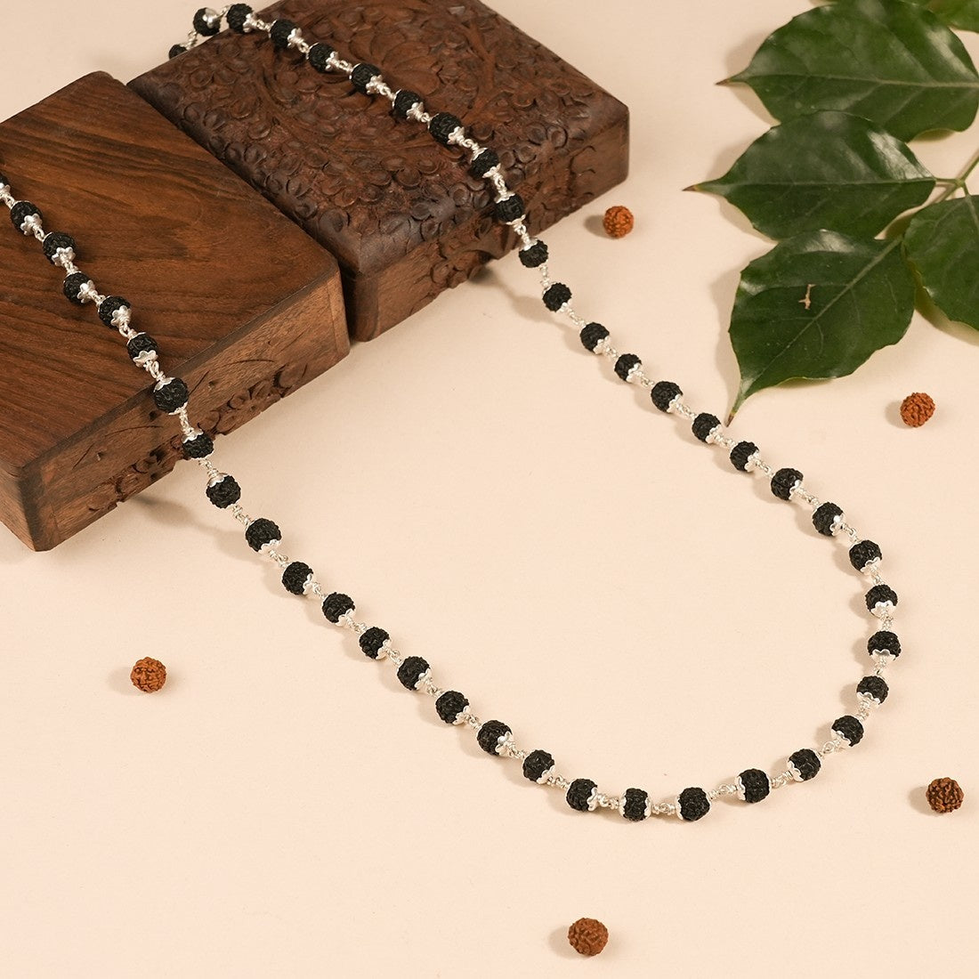 Black Rudraksha Silver Mala