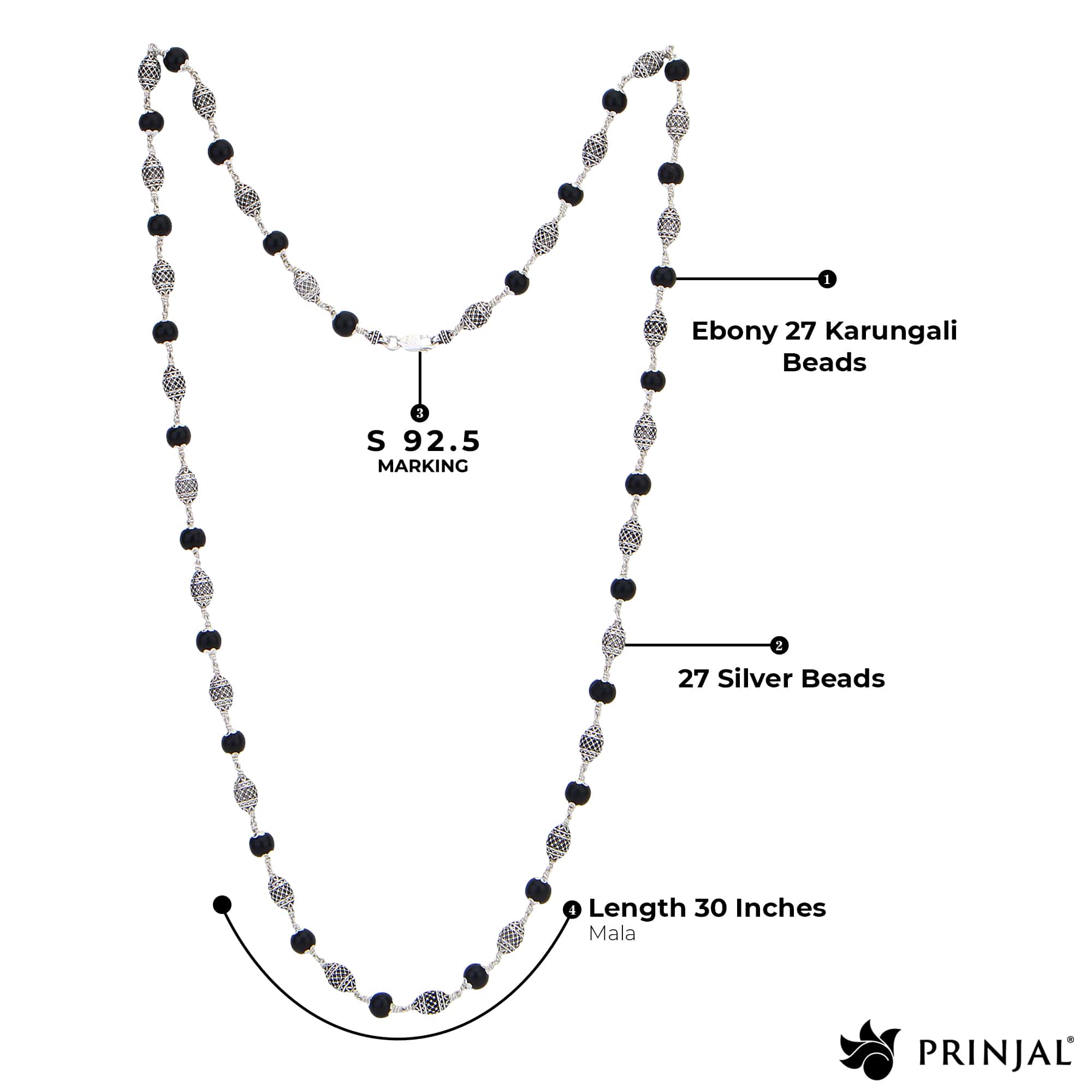 Original Karungali mala featuring dome silver beads for spiritual wear