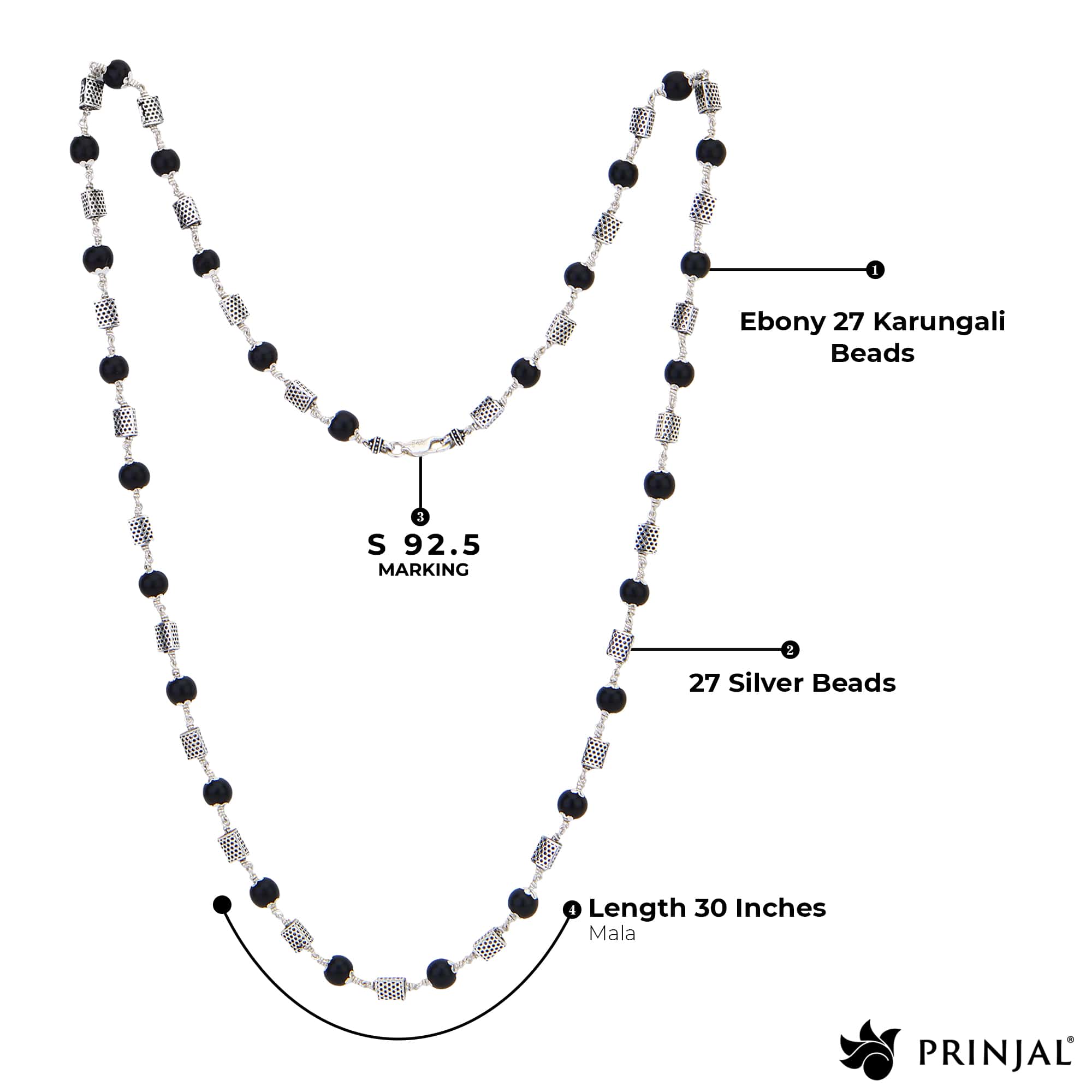 Handcrafted Karungali Silver Mala with triangle beads in 92.5 sterling silver