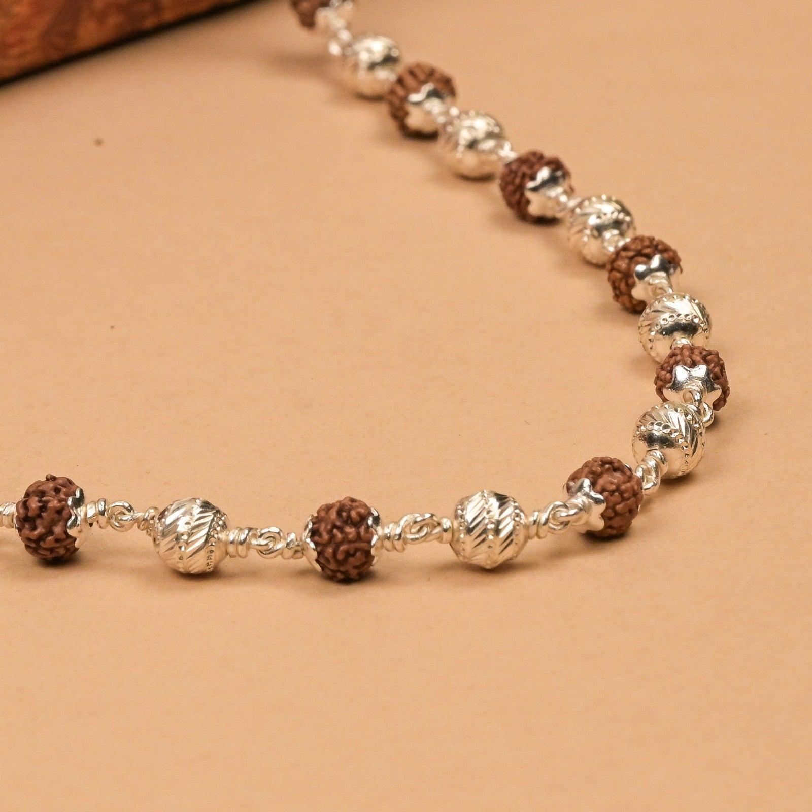 Rudraksha Mala With Designer CNC Silver Beads