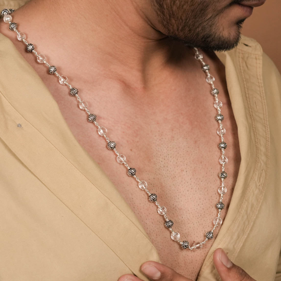 Orignal Sphatik Diamond Cut Beads with Om Silver Beads Mala