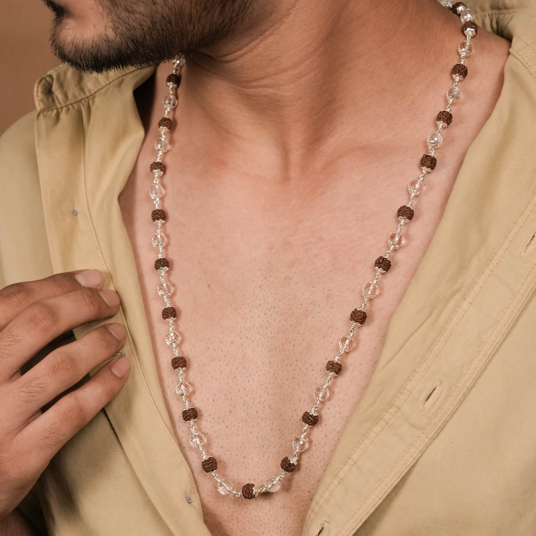 Buy Rudraksha with Sphatik Diamond Cut Beads Silver Mala