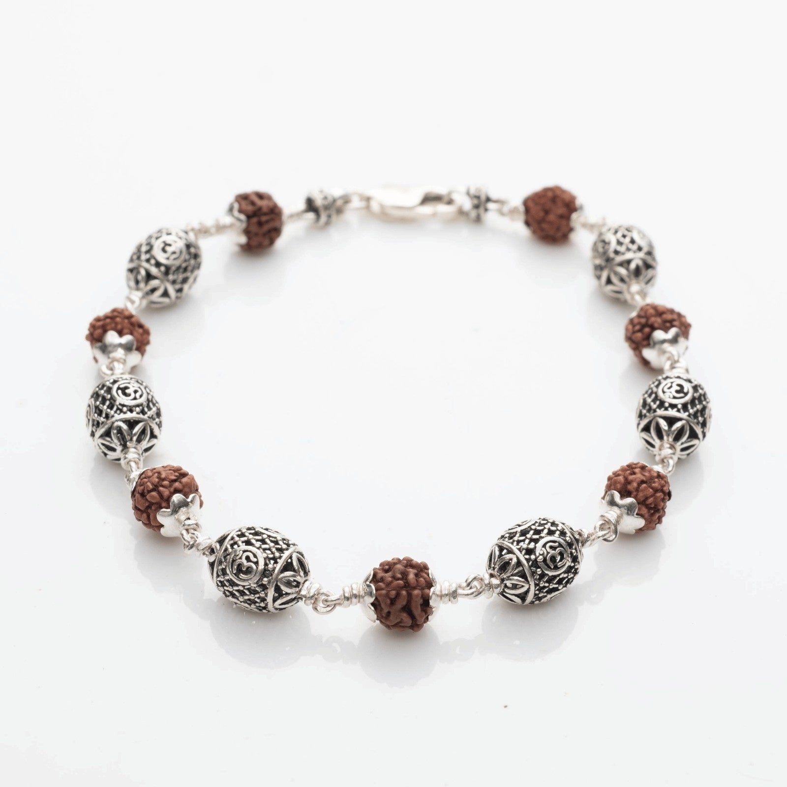Rudraksha with Oval Om Silver Beads Bracelet