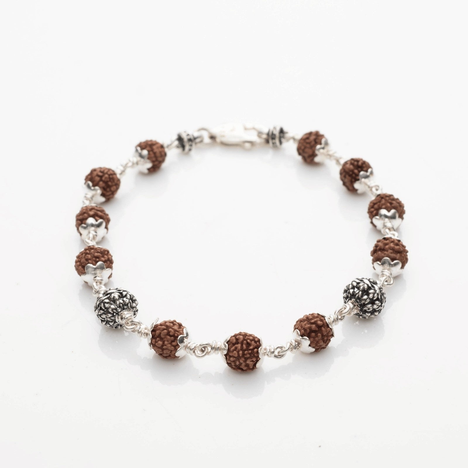 Rudraksha With Silver Flower Beads Bracelet