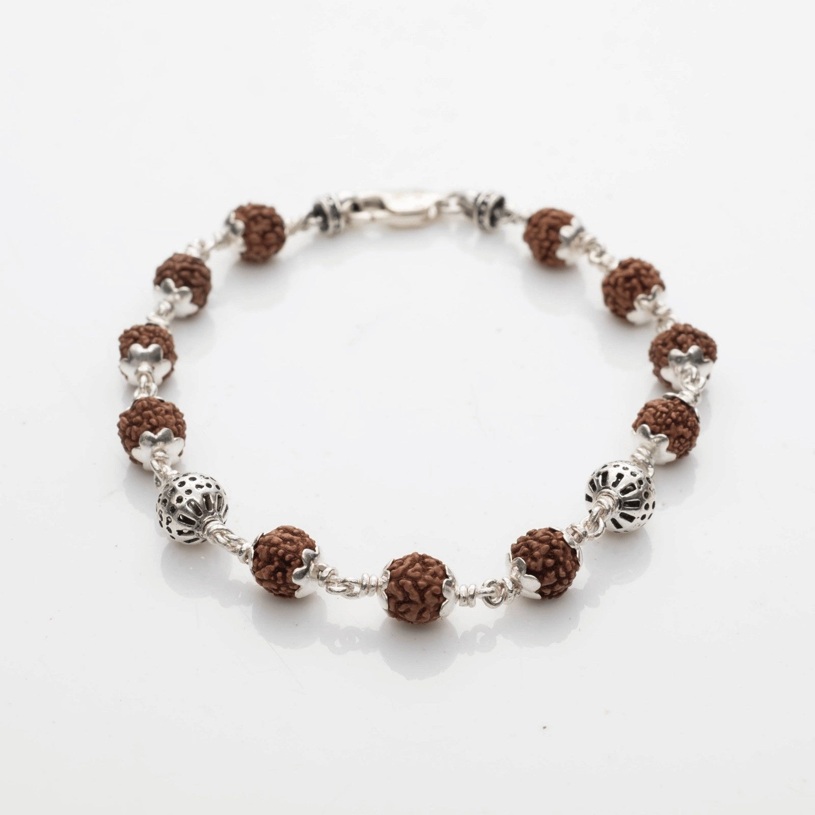 Rudraksha With Round Beads Silver Bracelet