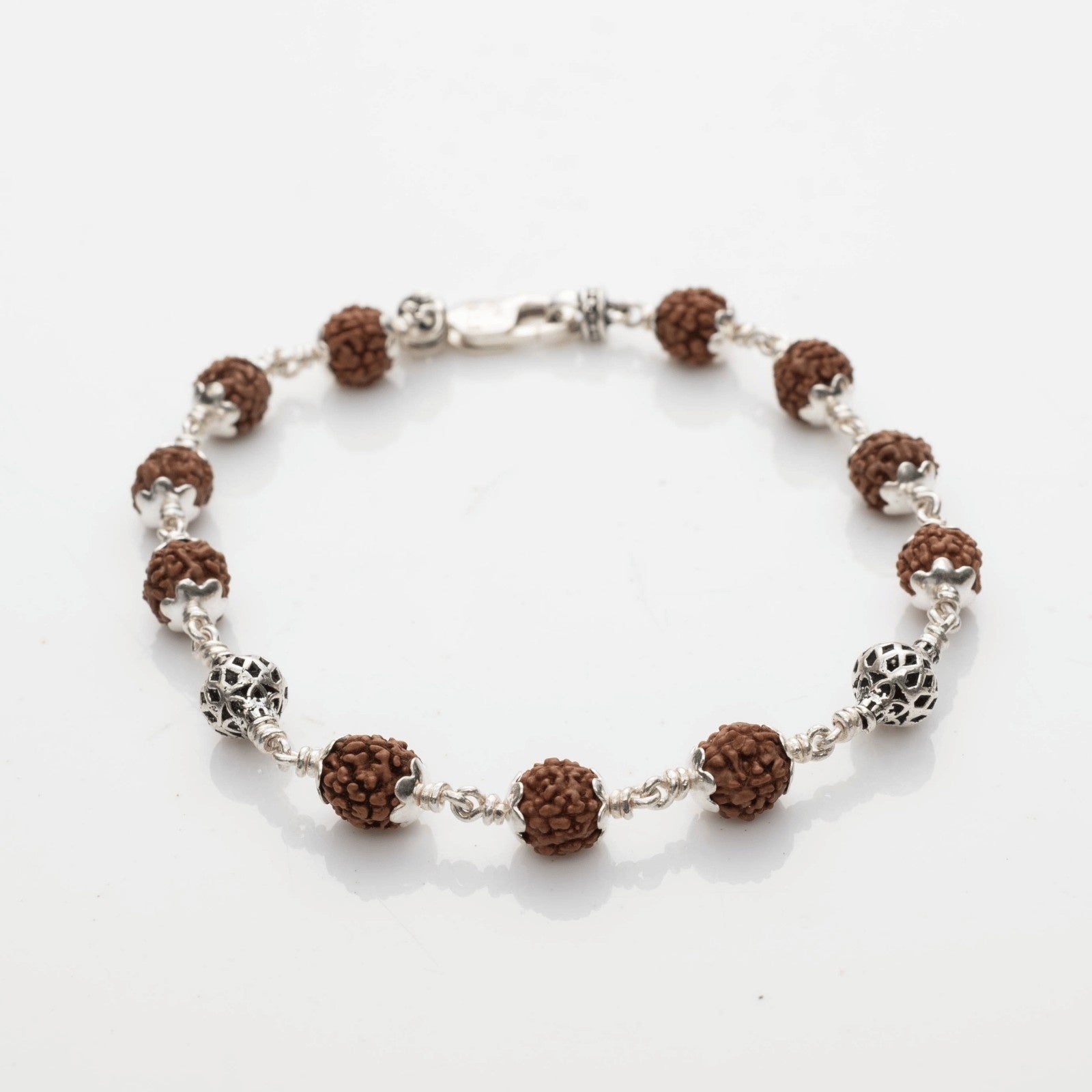 Rudraksha With Hollow Mesh Silver Beads Bracelet