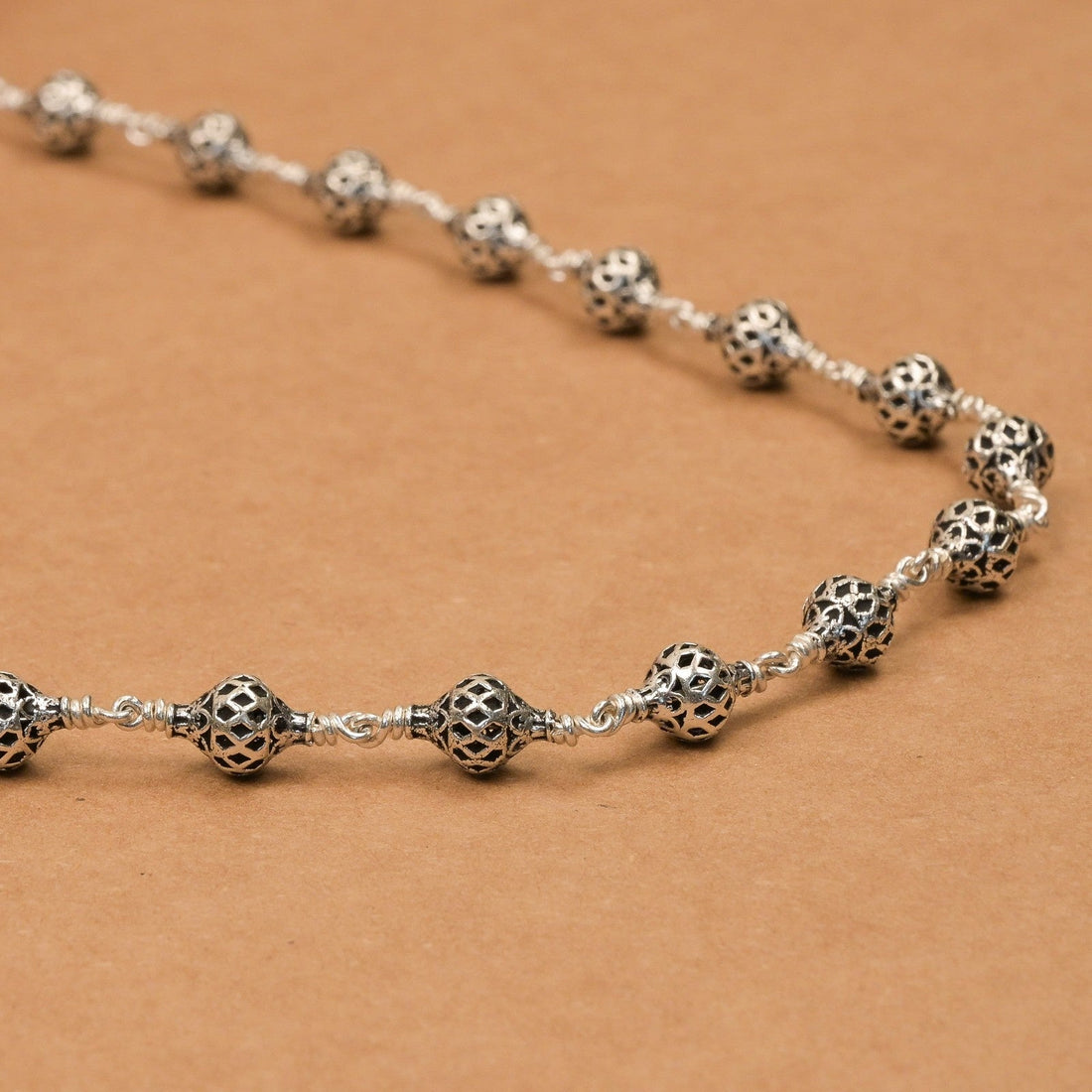 Ornate Sphere Silver Beads Mala