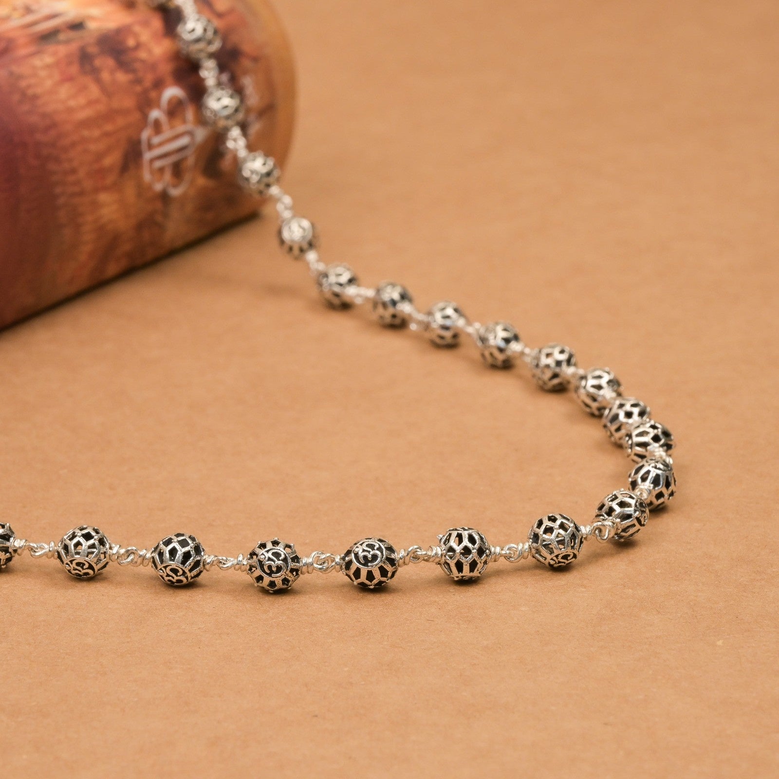 Round Om Silver Beads Mala