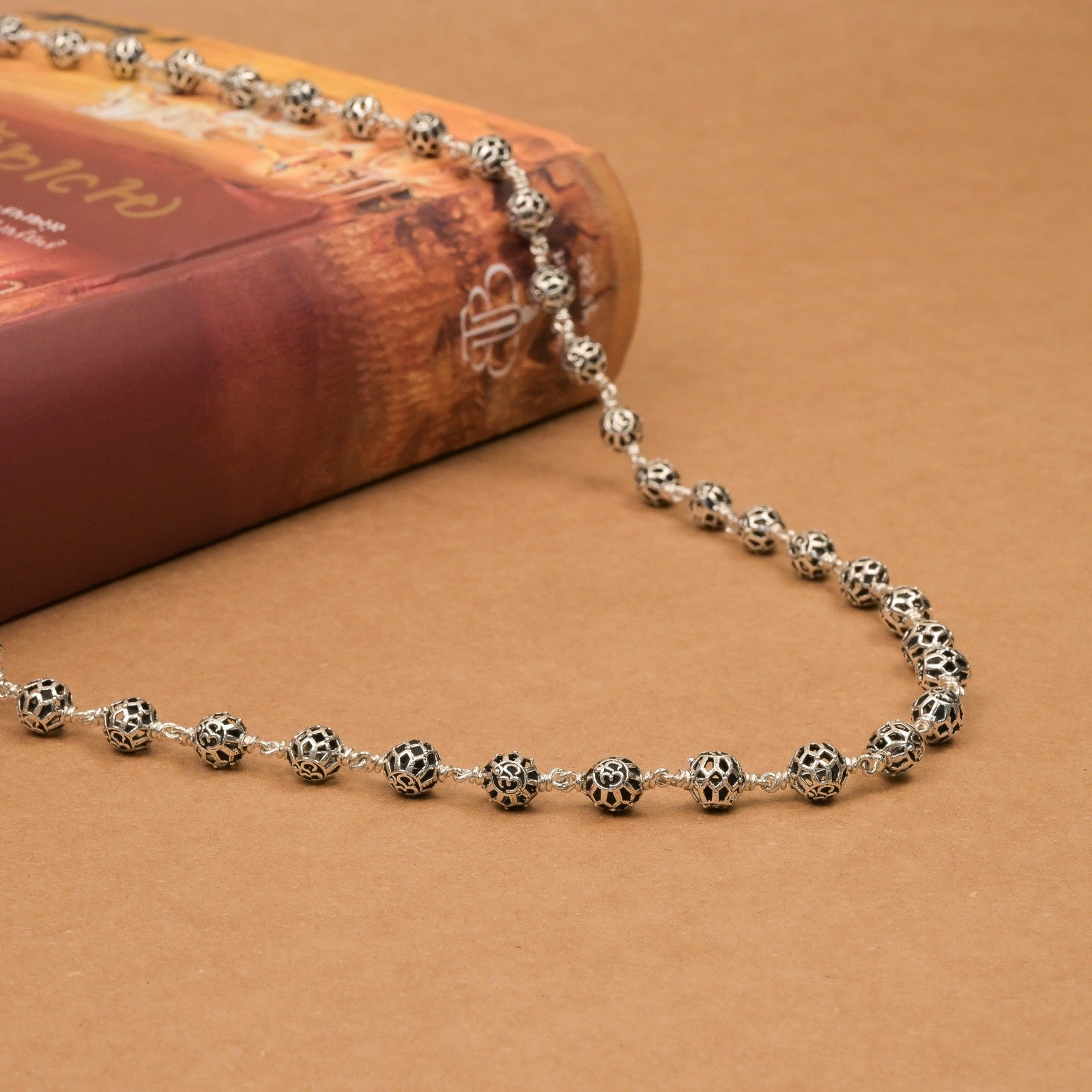 Round Om Silver Beads Mala
