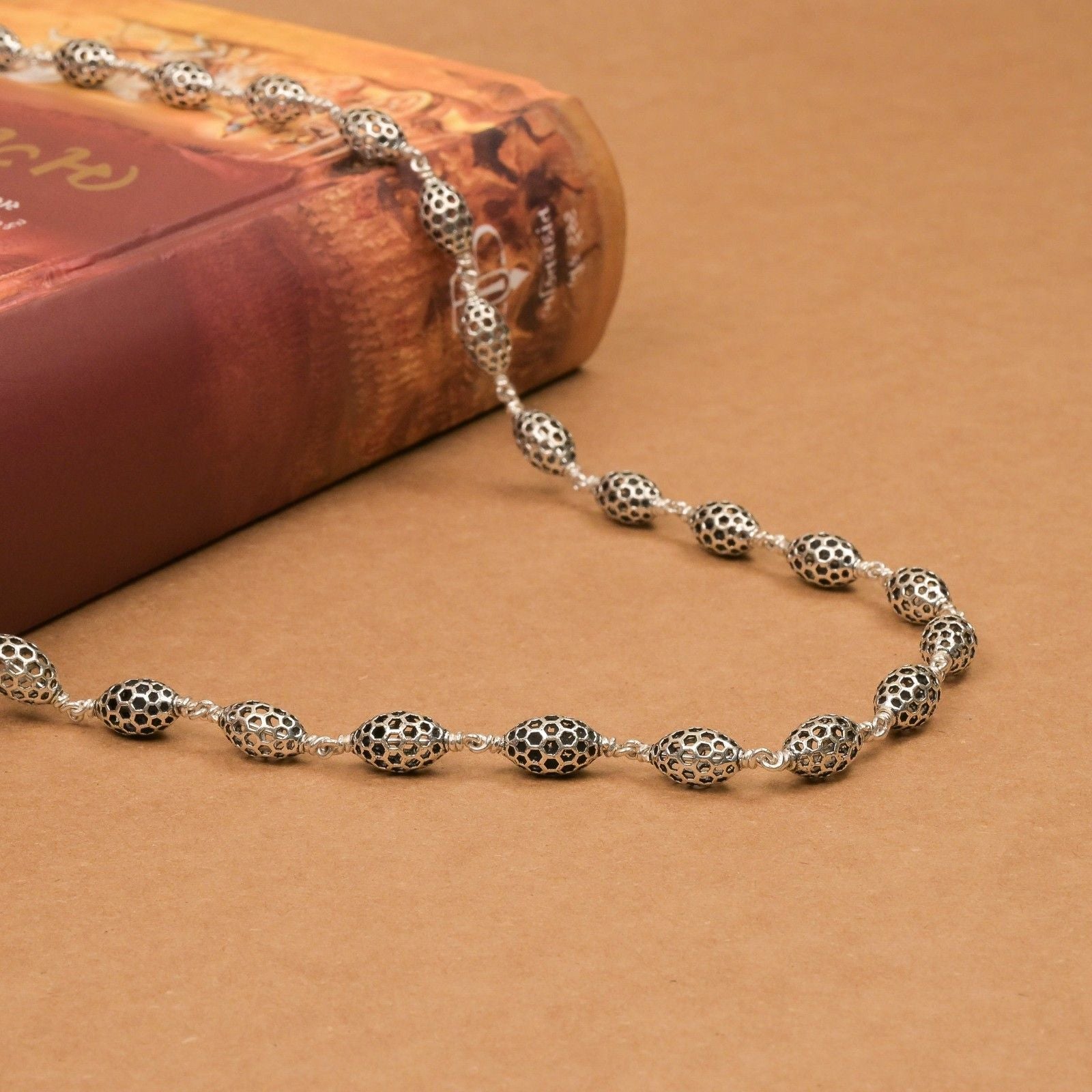 Perforated Oval Silver Beads Mala