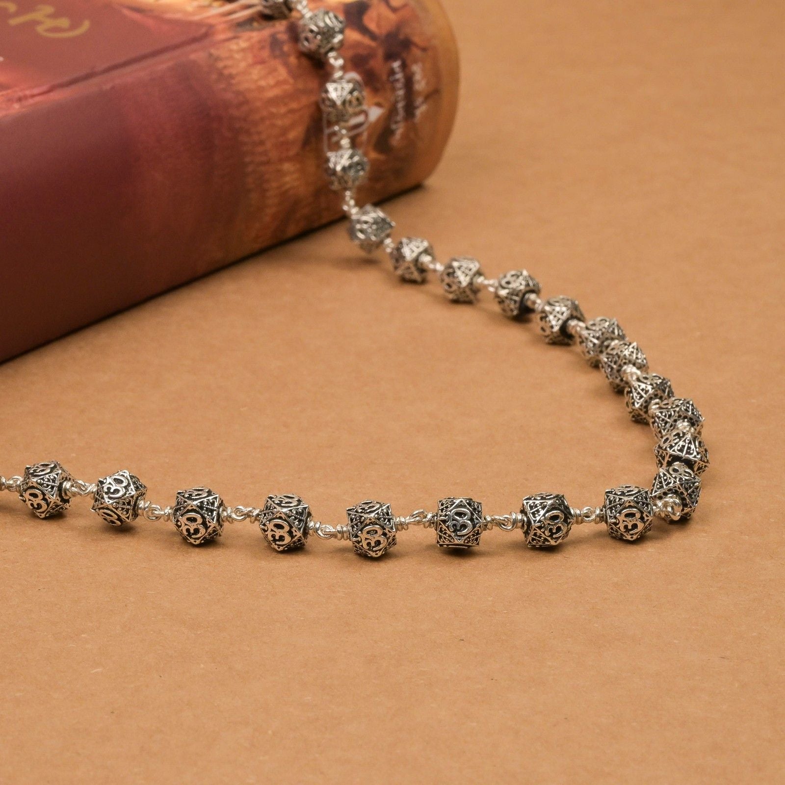 Hexagon Om Silver Beads Mala